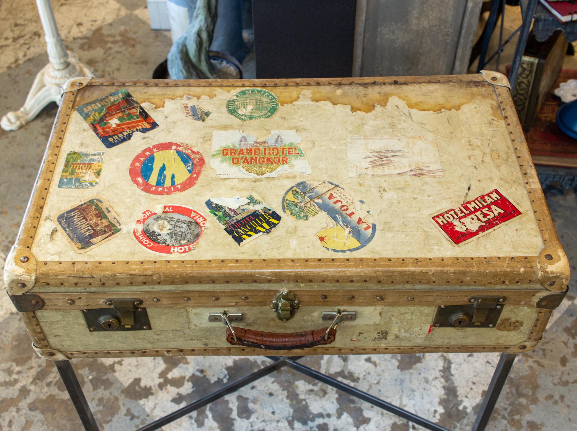 Side Table Crafted with Antique French Luggage and Custom Iron Base In Good Condition For Sale In Houston, TX