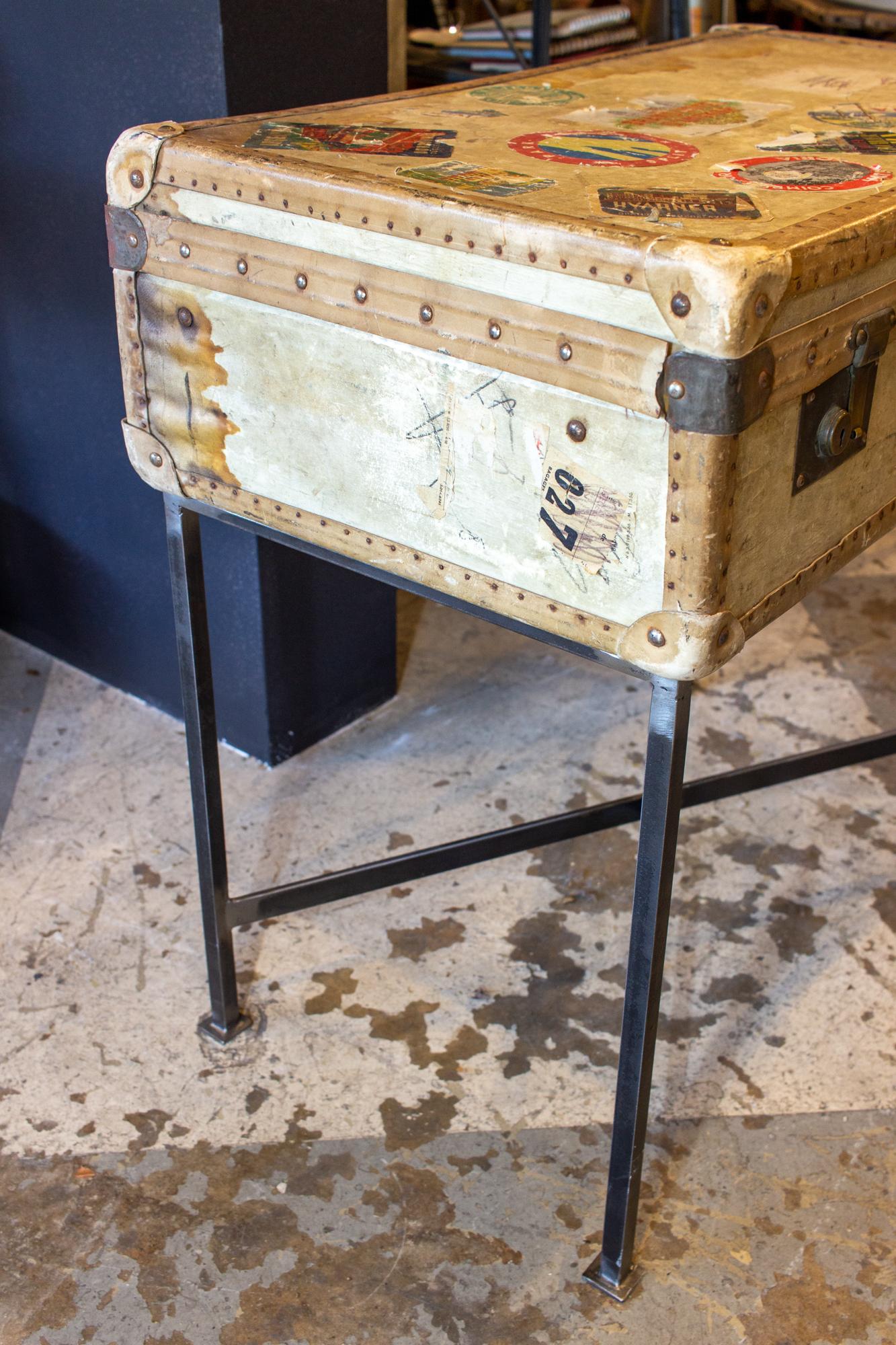 20th Century Side Table Crafted with Antique French Luggage and Custom Iron Base For Sale