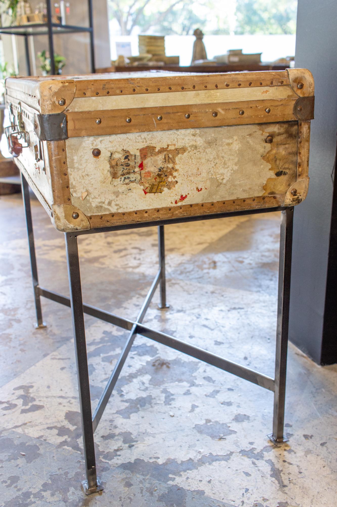 Leather Side Table Crafted with Antique French Luggage and Custom Iron Base For Sale