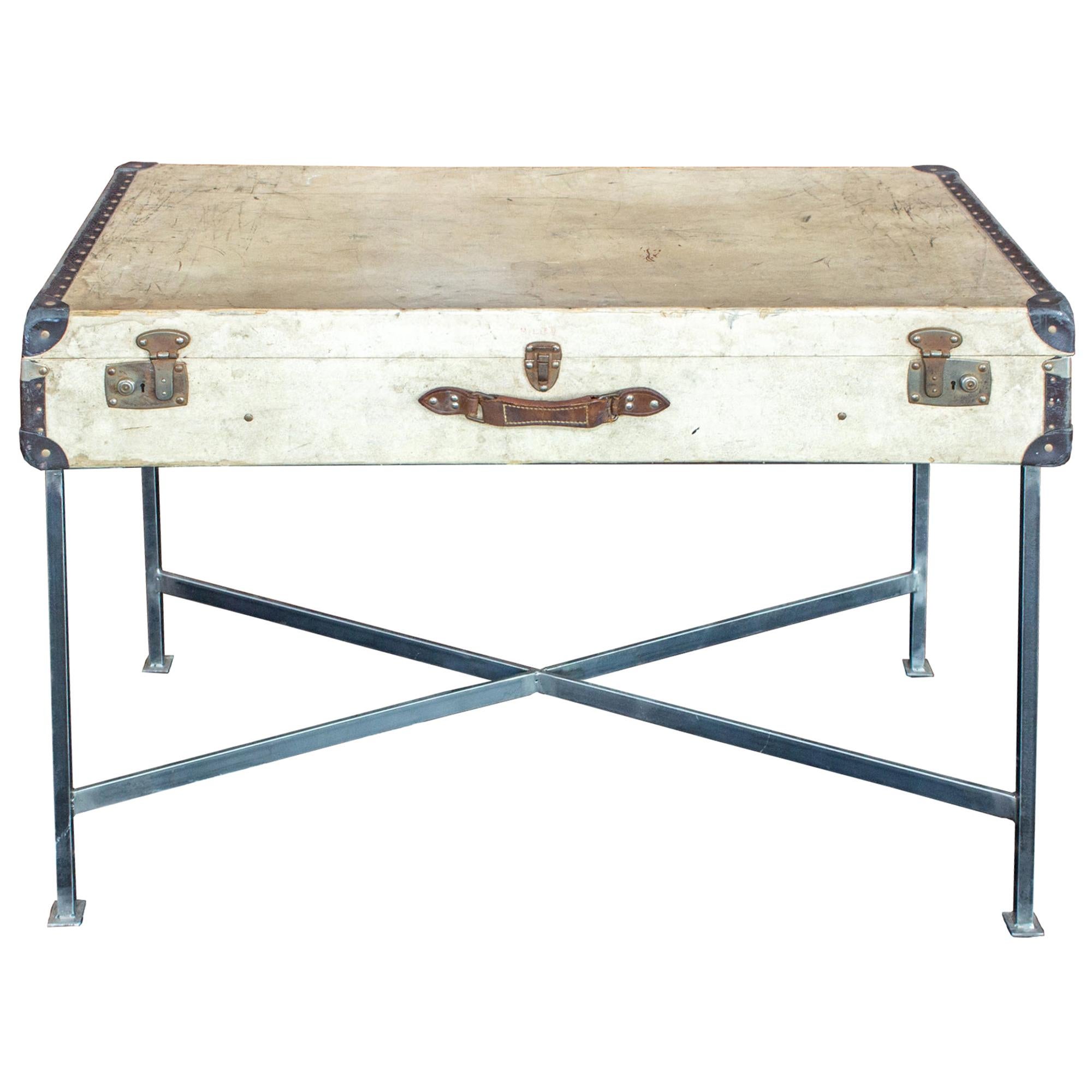 Side Table Crafted with Vintage French Luggage and Custom Iron Base For Sale