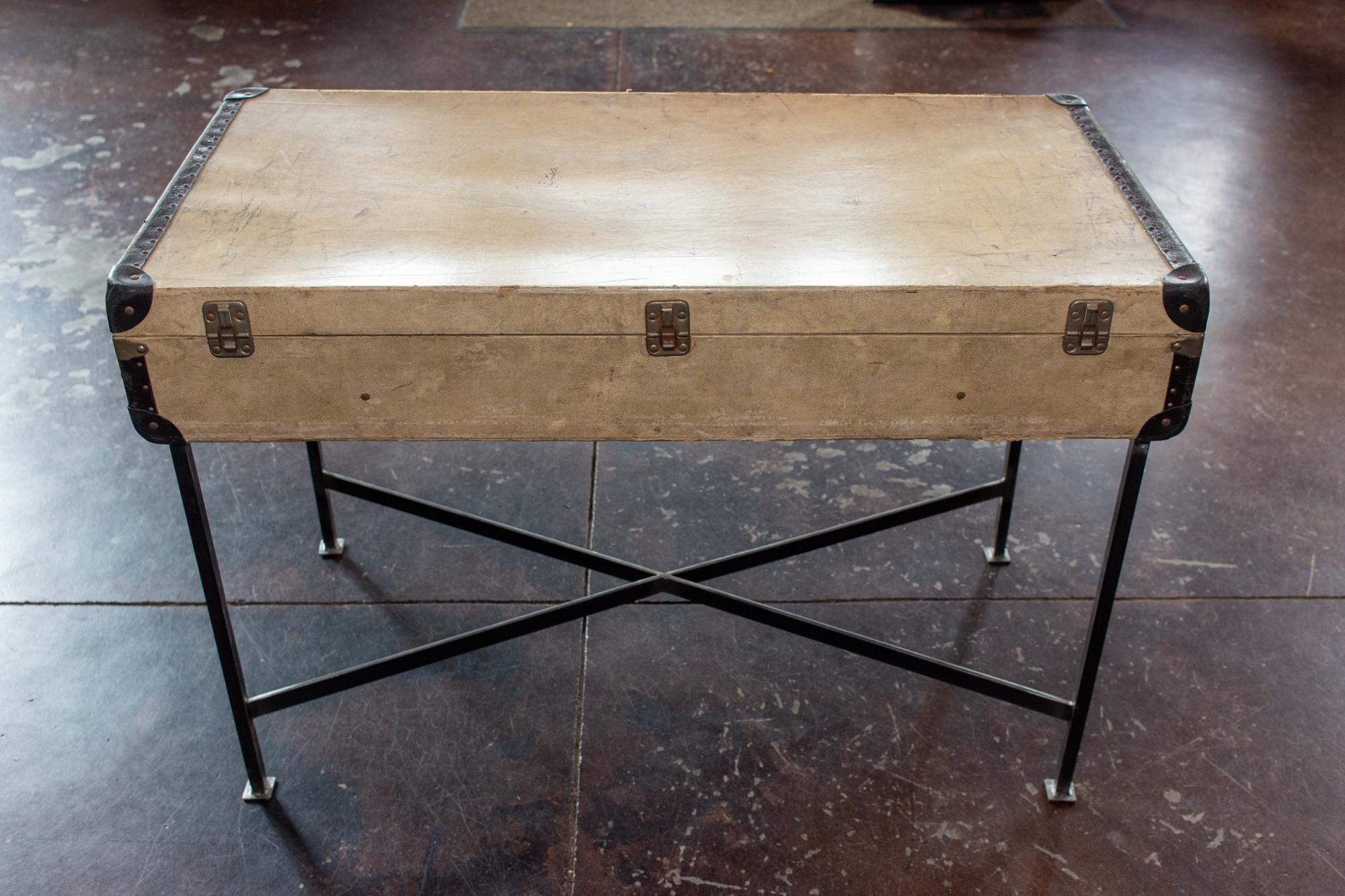 Side Table Crafted with Vintage French Luggage and Custom Iron Base For Sale 5