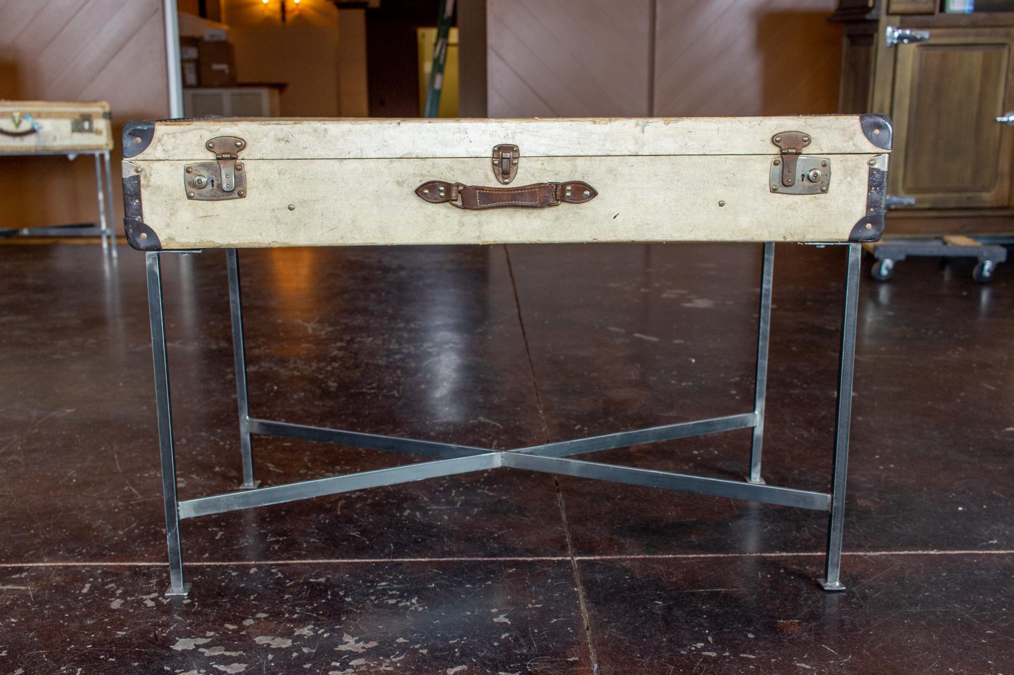 Side Table Crafted with Vintage French Luggage and Custom Iron Base In Good Condition For Sale In Houston, TX