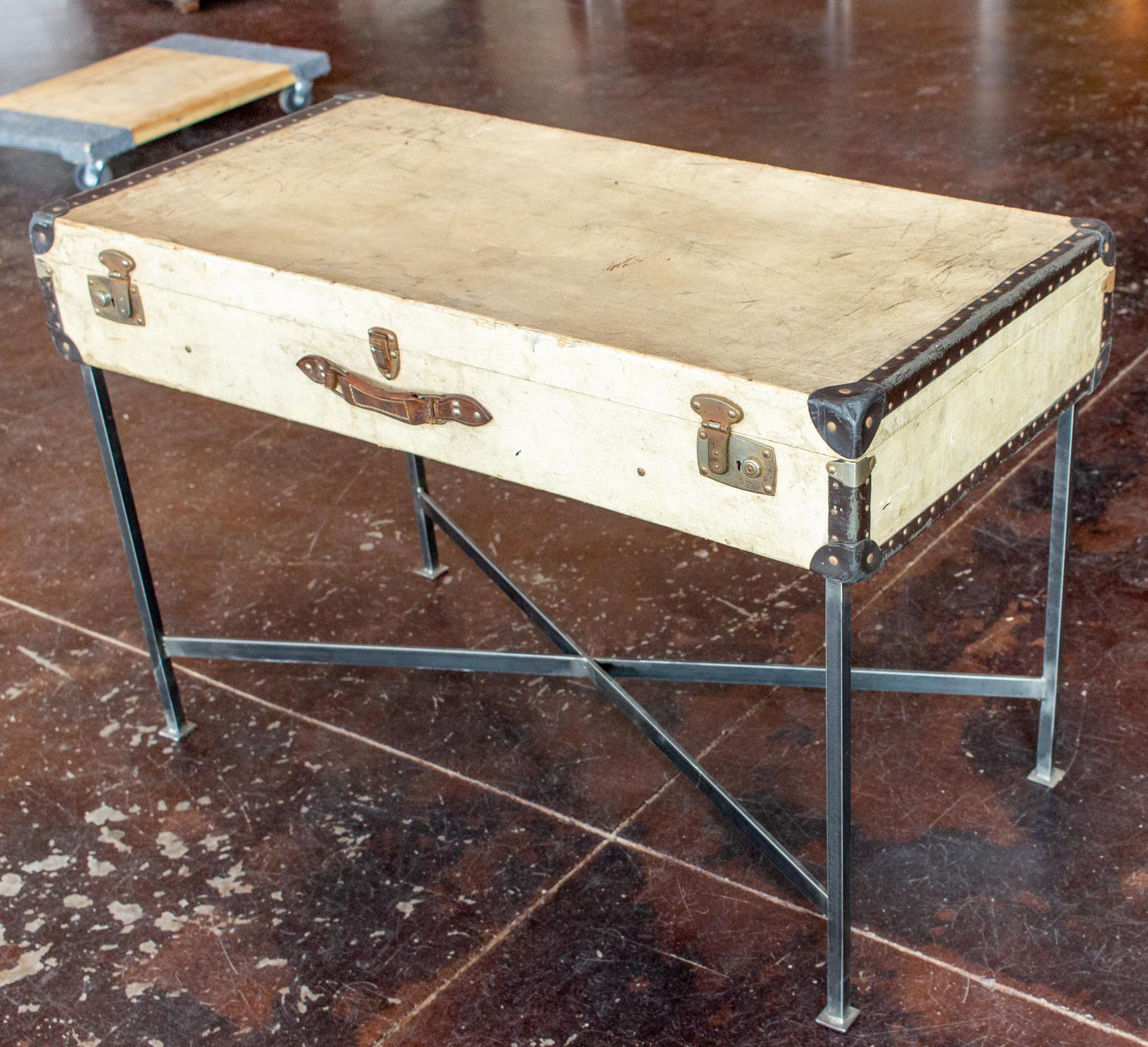 20th Century Side Table Crafted with Vintage French Luggage and Custom Iron Base For Sale
