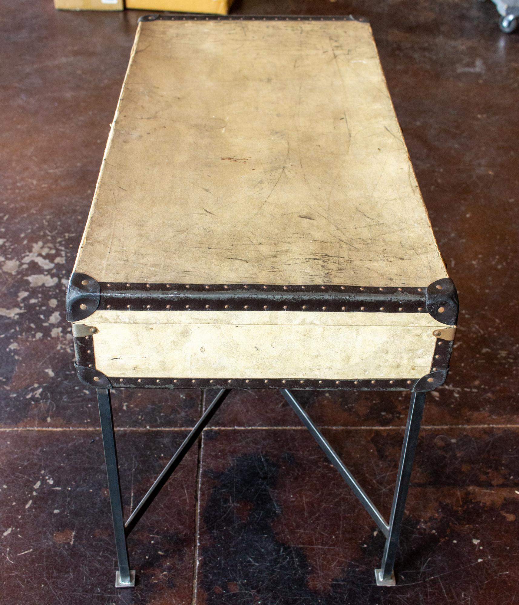 Leather Side Table Crafted with Vintage French Luggage and Custom Iron Base For Sale