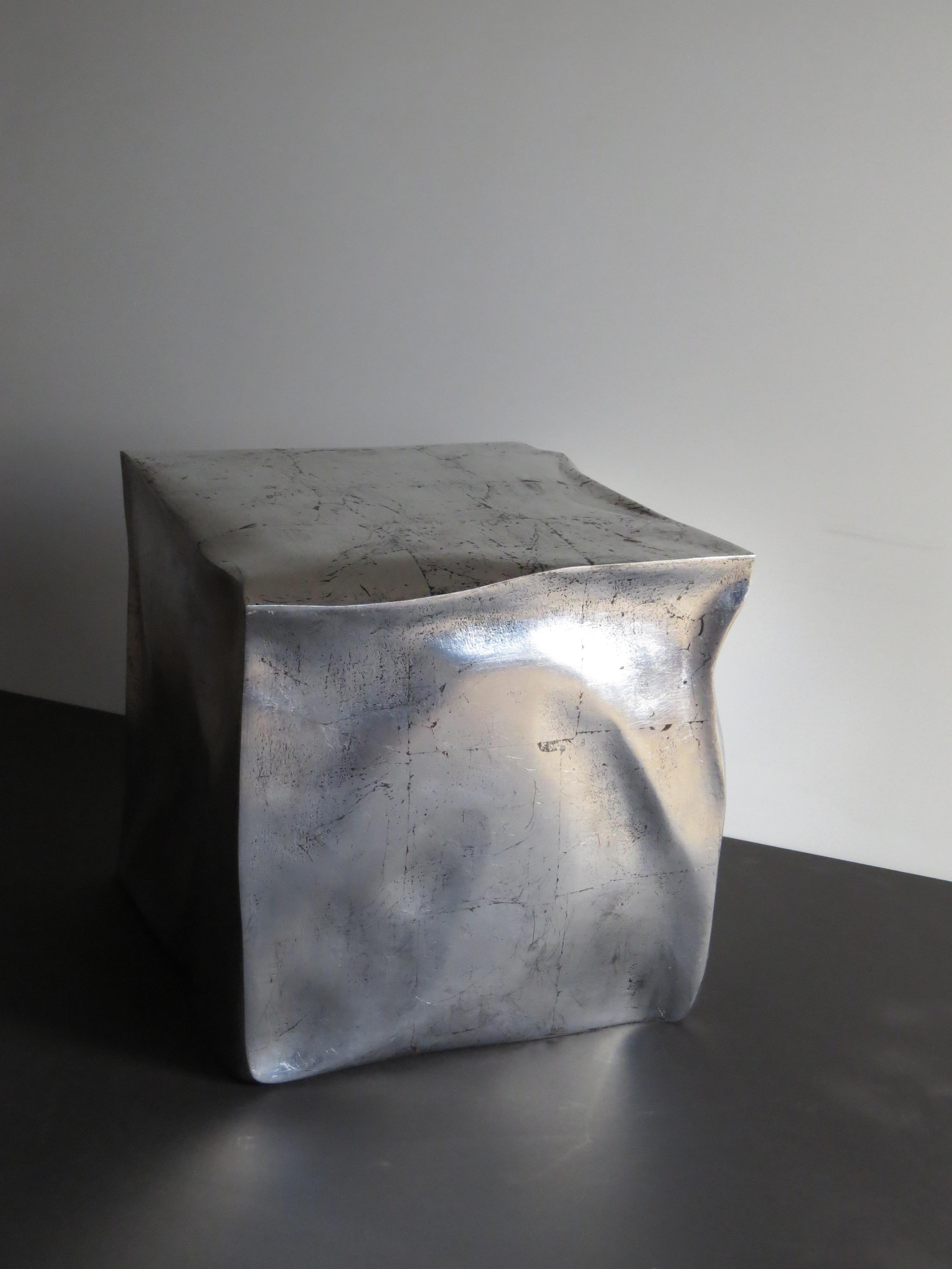 Organic Modern Side Table Cube in Organic Silvered Design Handmade in Germany For Sale