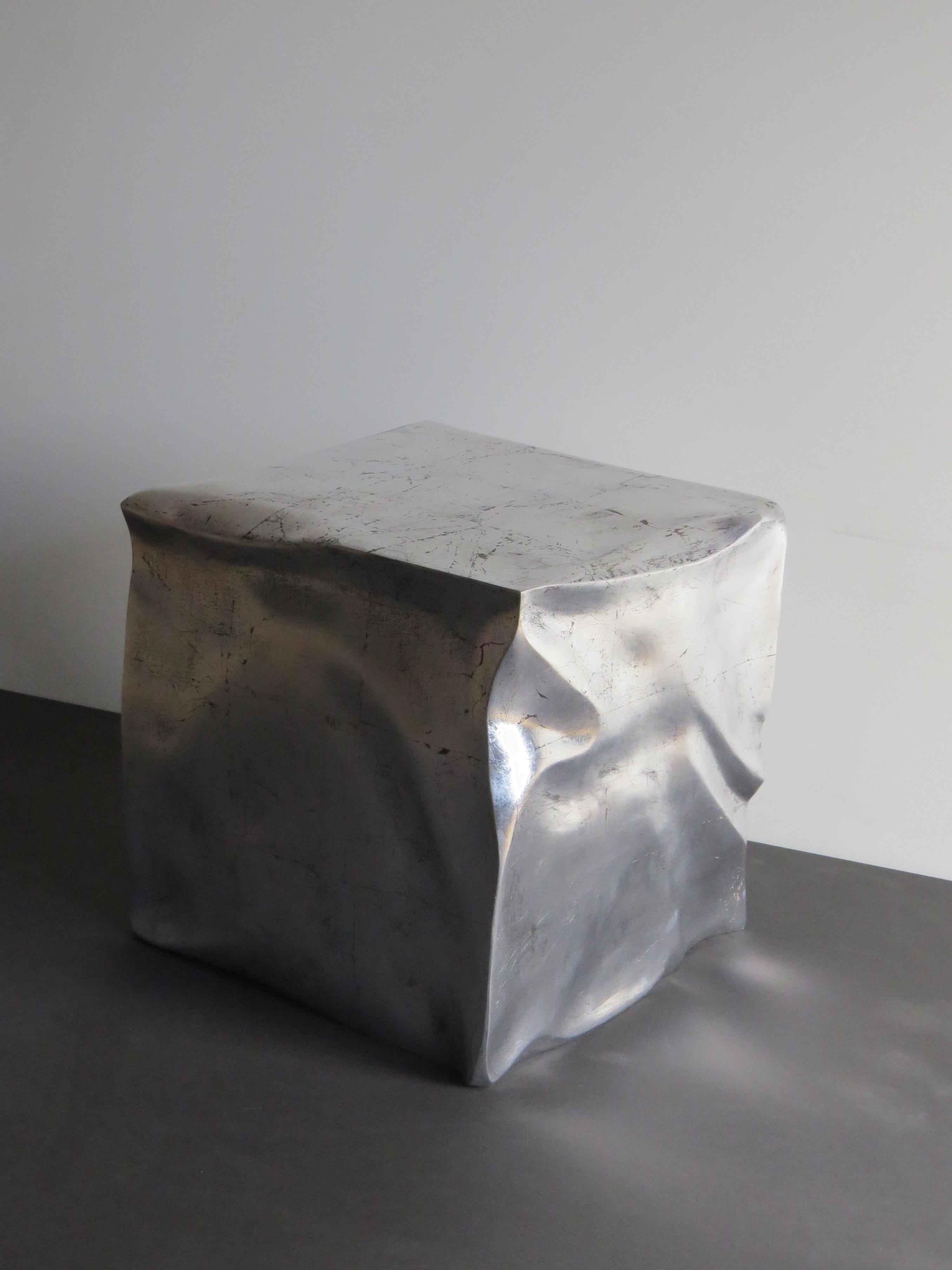 Hand-Crafted Side Table Cube in Organic Silvered Design Handmade in Germany For Sale