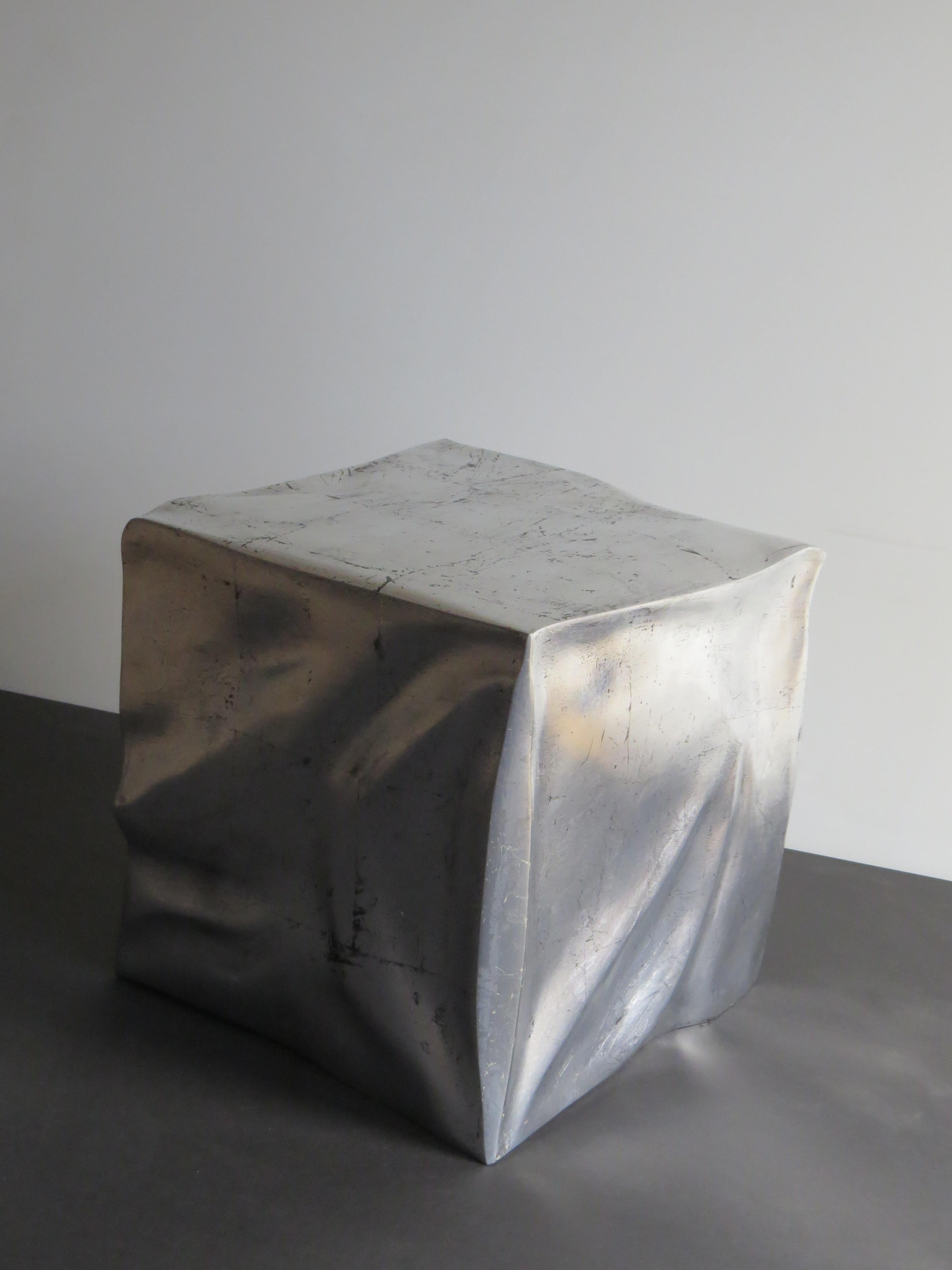 Contemporary Side Table Cube in Organic Silvered Design Handmade in Germany For Sale