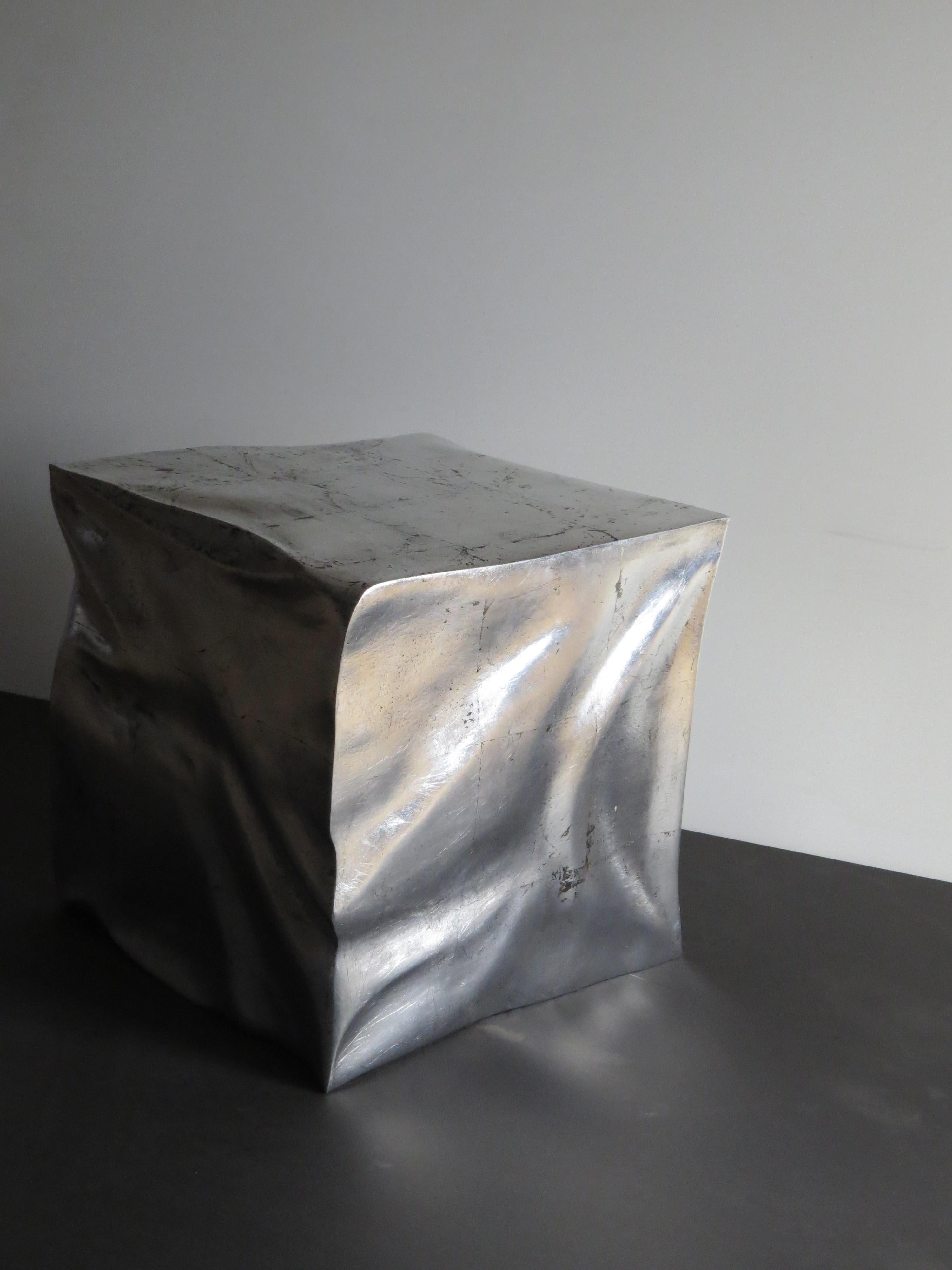 Silver Leaf Side Table Cube in Organic Silvered Design Handmade in Germany For Sale