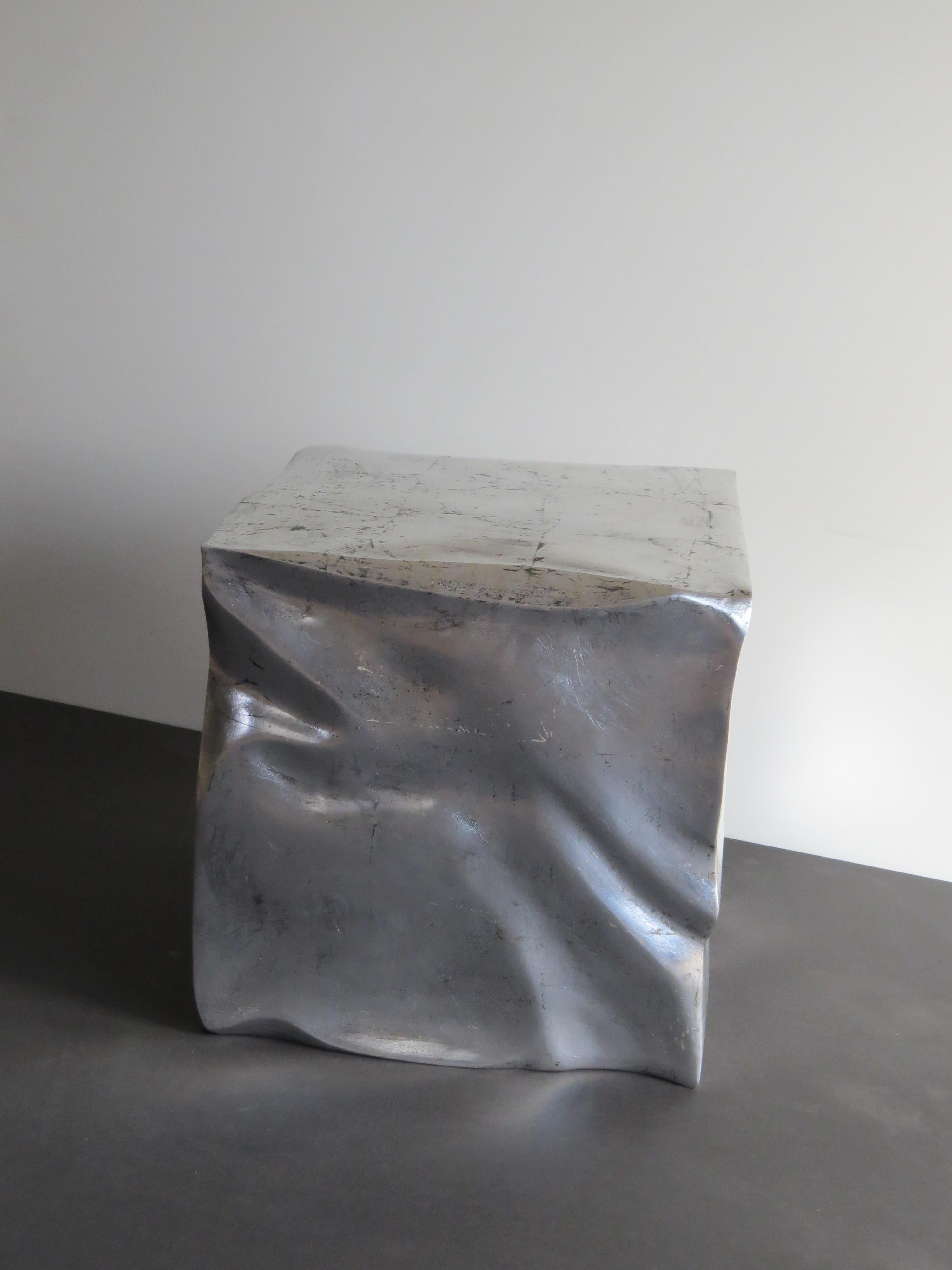 Side Table Cube in Organic Silvered Design Handmade in Germany For Sale 1