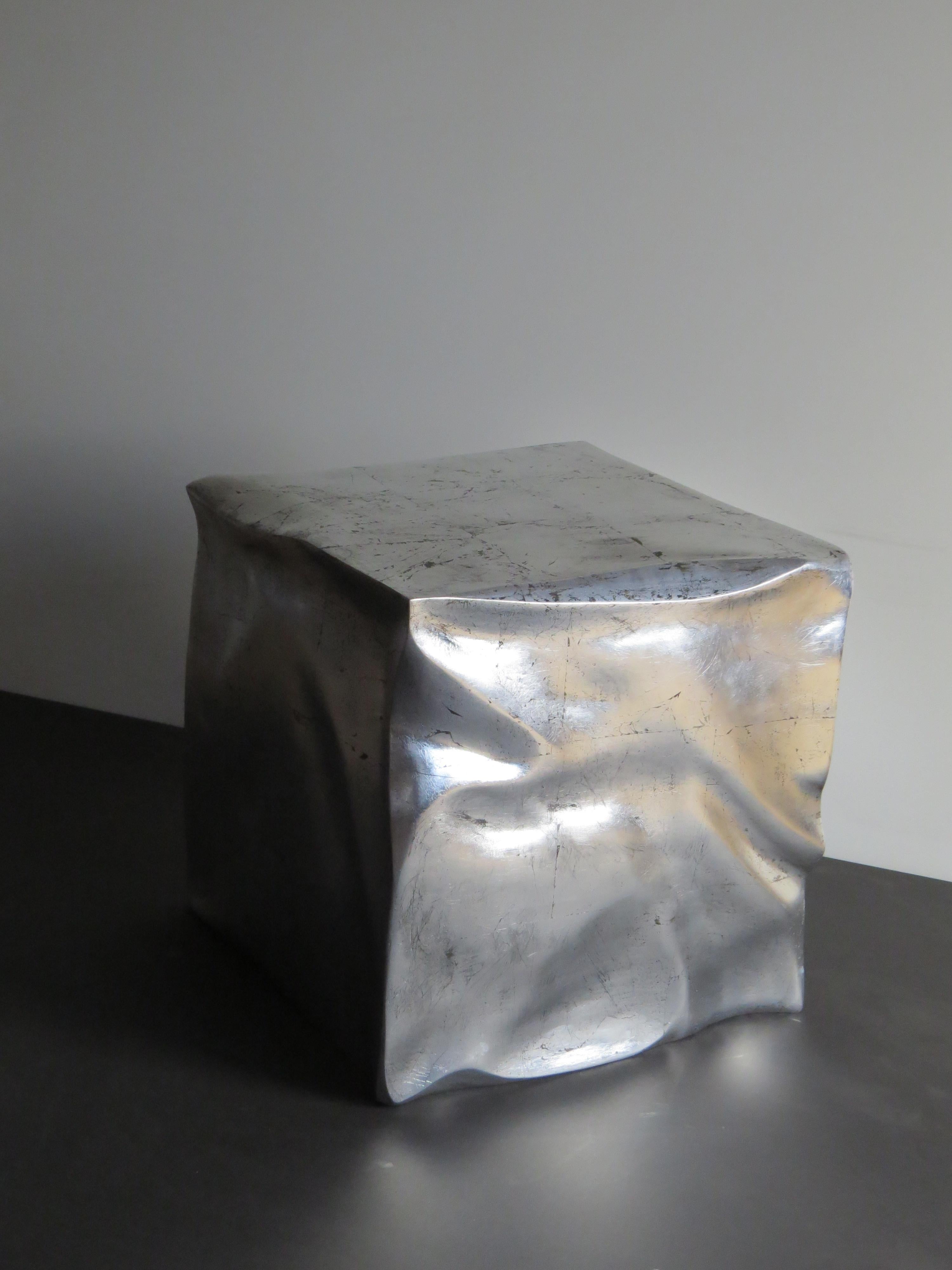 Side Table Cube in Organic Silvered Design Handmade in Germany For Sale 2