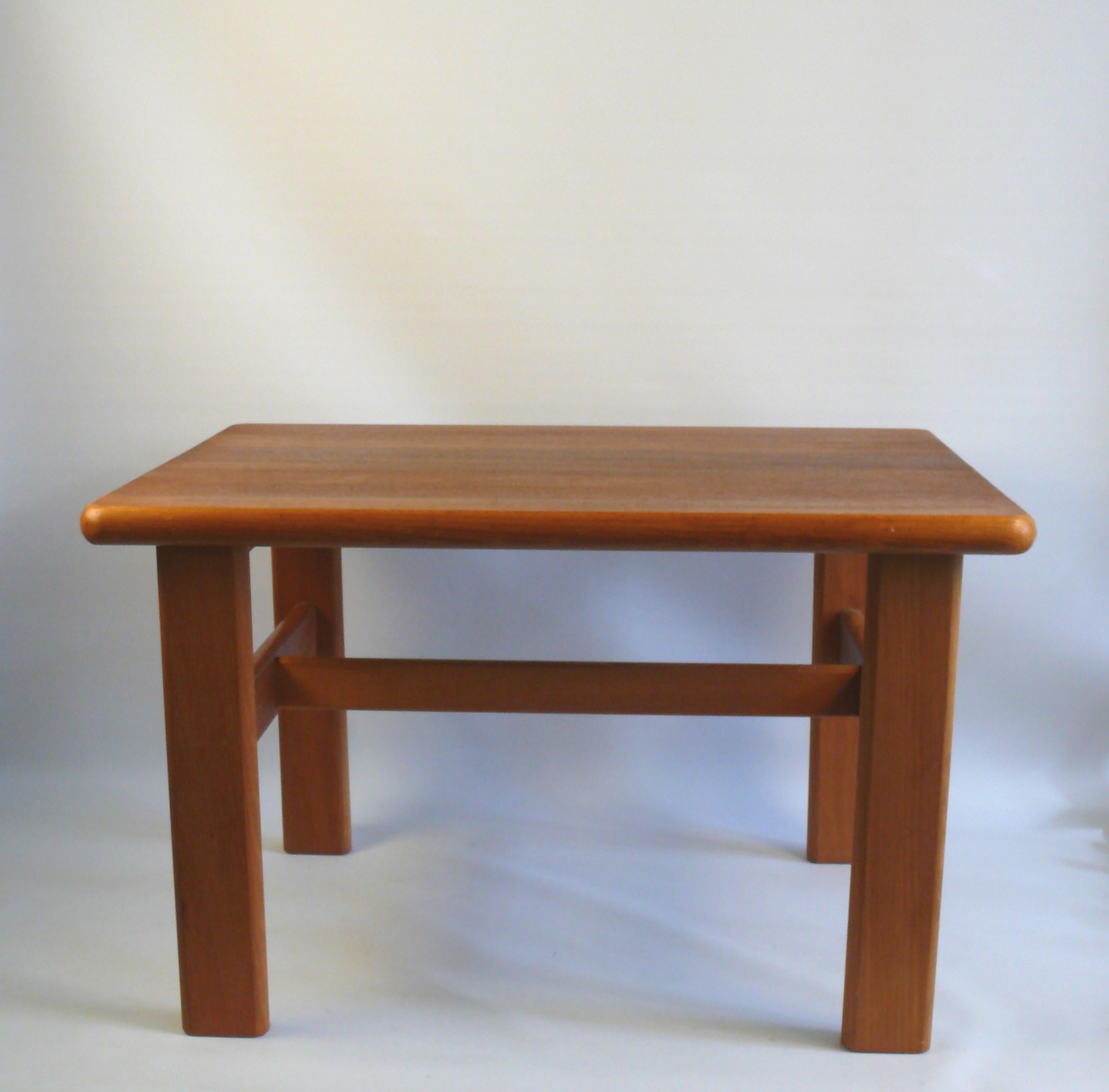 Well-preserved teak side table in Danish design from the 1960s by S. Burchardt-Nielsen, solid and very stable. The top and legs have rounded edges. The surface of the table top is in very good condition, the frame shows usual signs of wear. A wooden