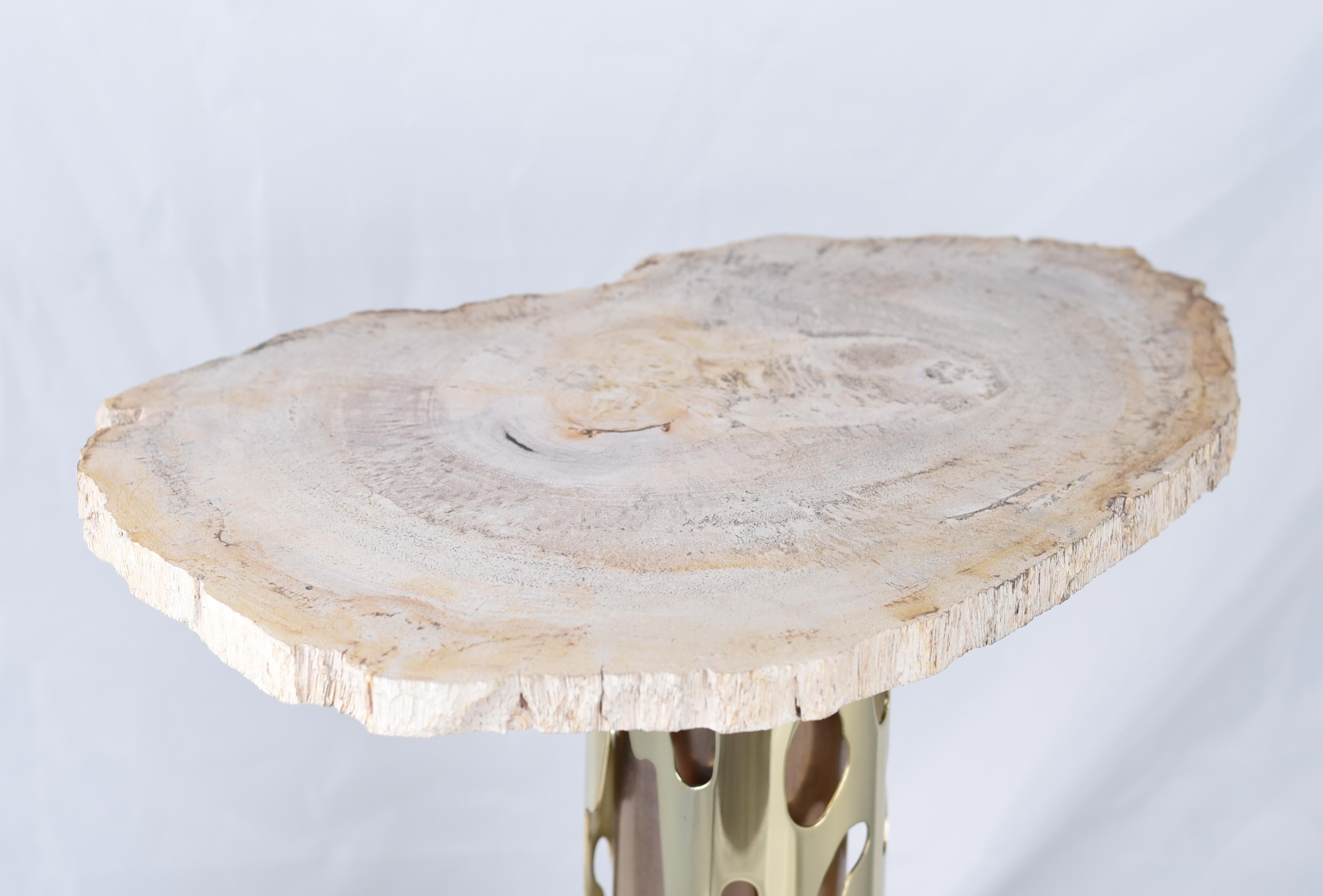 Side table Dedale, leg in patinated and mirror polish brass - Top in petrified wood by Arriau.