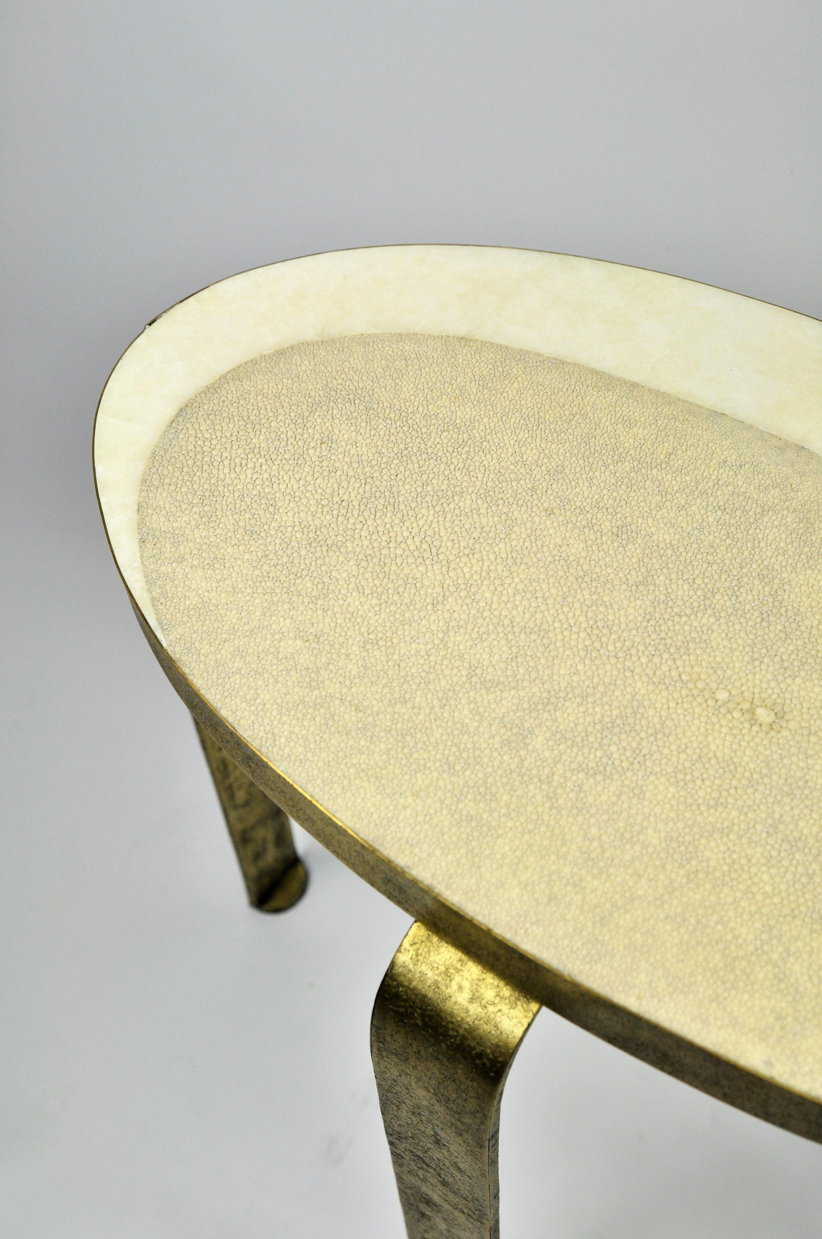 French Side Table Eliptus in Shagreen and Textured Brass by Ginger Brown For Sale