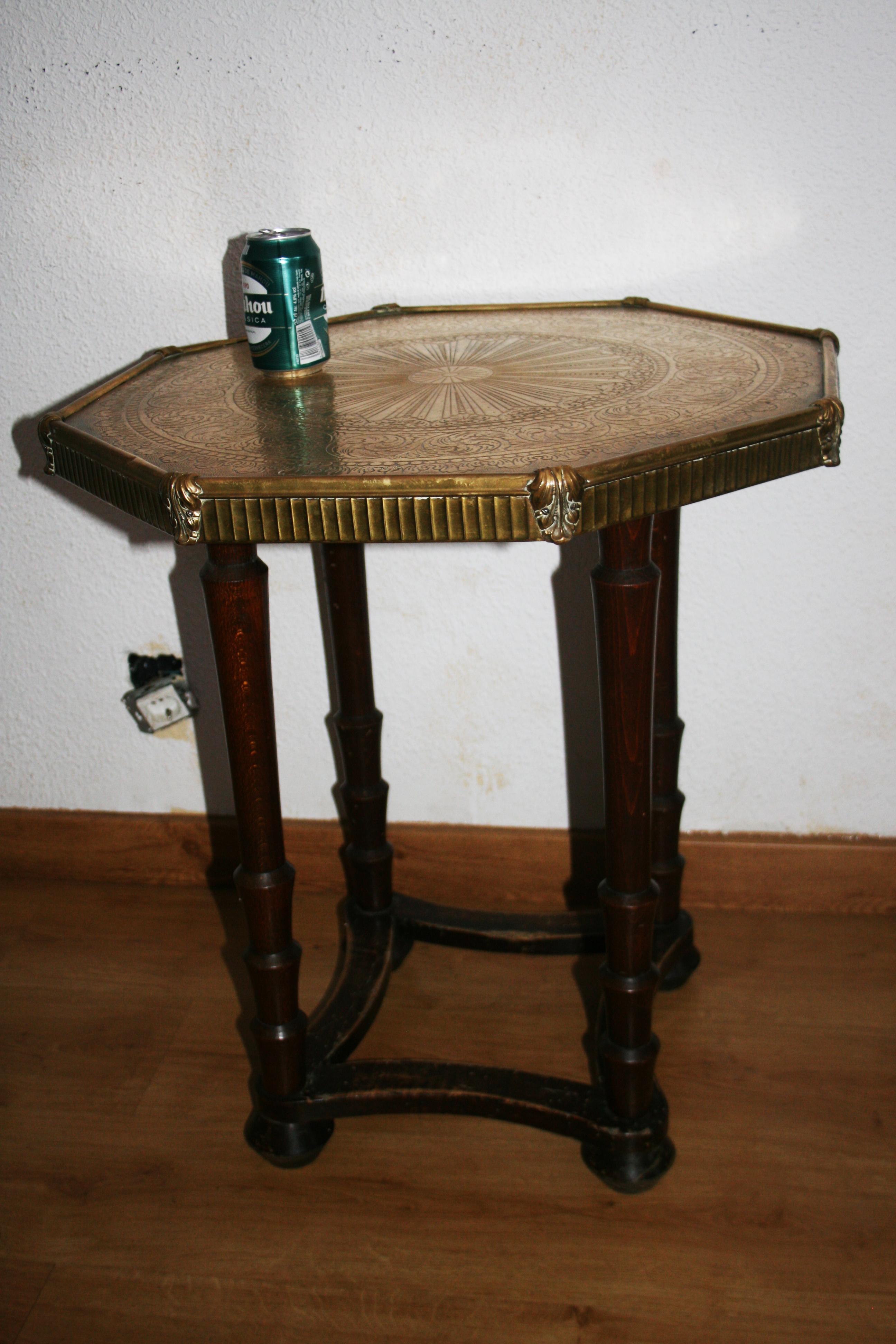 Side Table Embossed Brass Topu and Wooden Legs, England 6