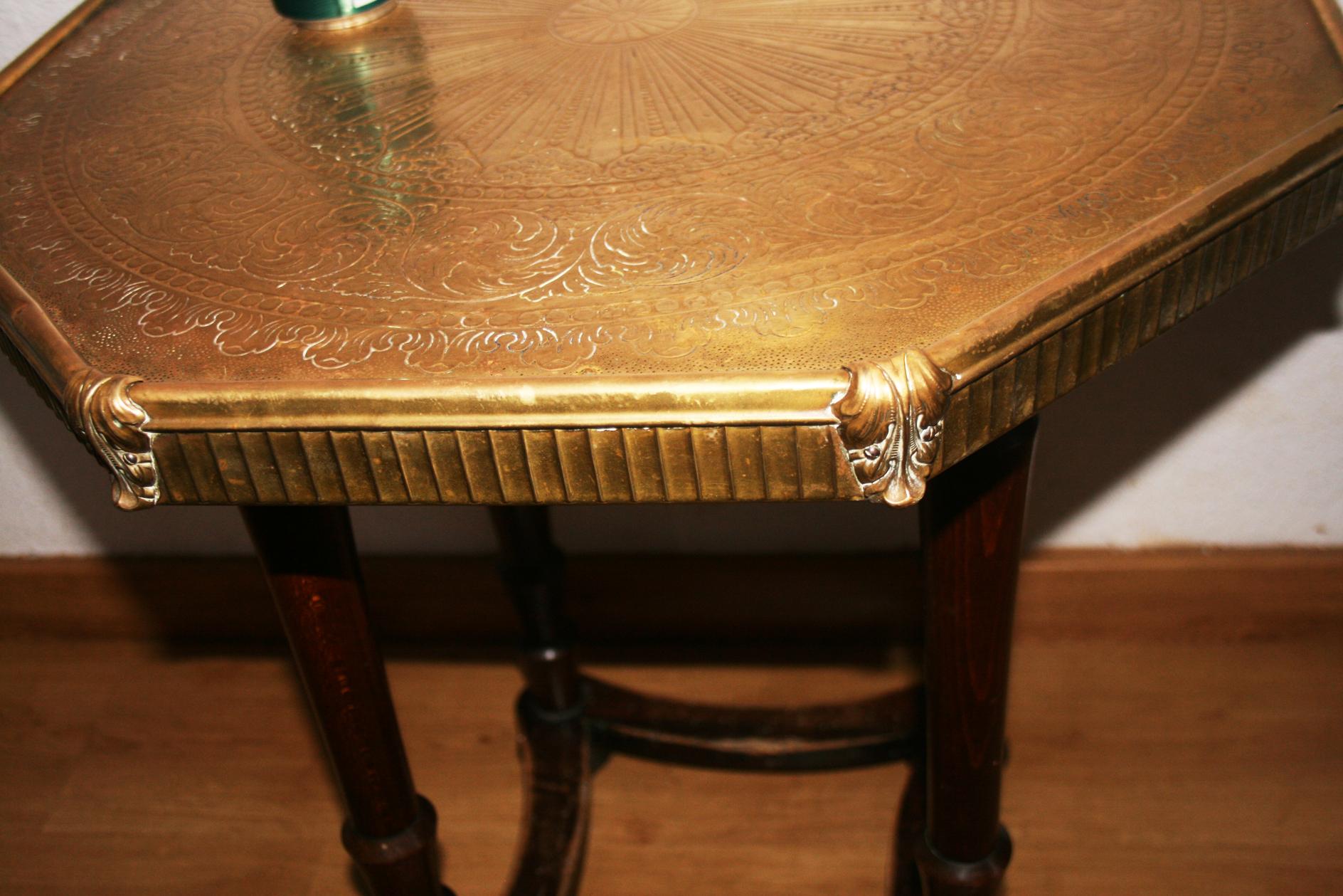 European Side Table Embossed Brass Topu and Wooden Legs, England