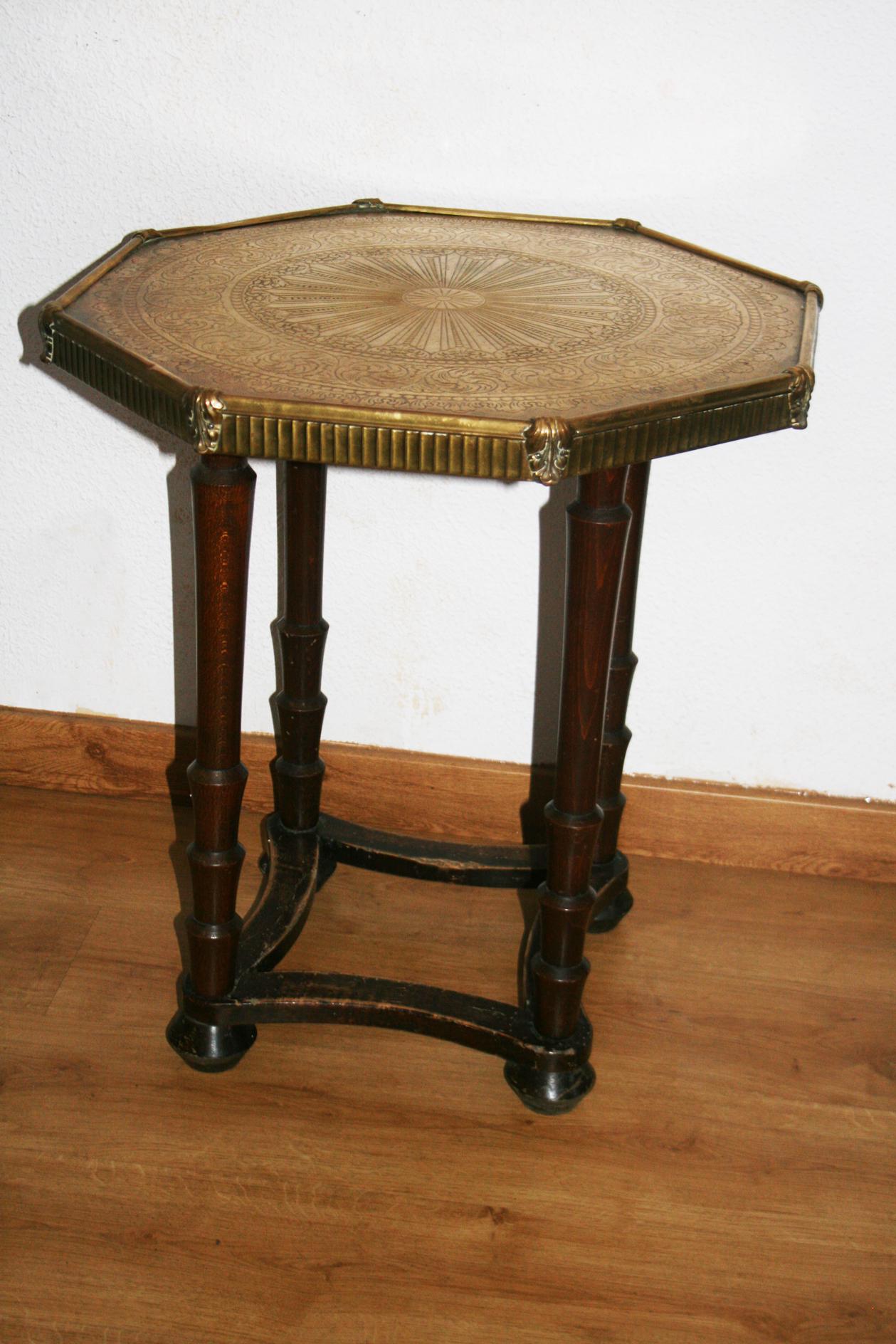 20th Century Side Table Embossed Brass Topu and Wooden Legs, England
