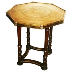 Side Table Embossed Brass Topu and Wooden Legs, England