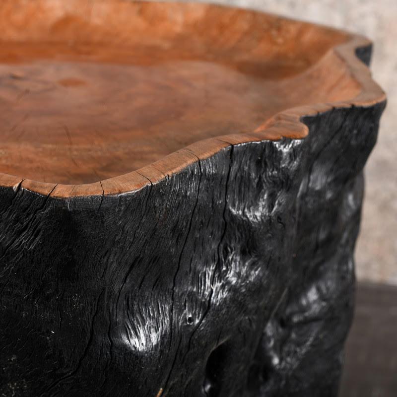 Mid-Century Modern Side Table, End of Sofa with Castors, Blackened Wood, Carved in a Tree Trunk. For Sale