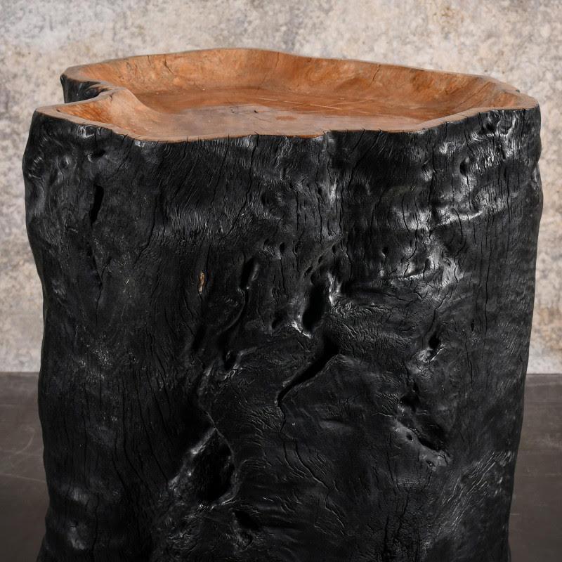 European Side Table, End of Sofa with Castors, Blackened Wood, Carved in a Tree Trunk. For Sale