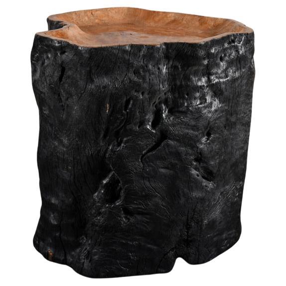 Side Table, End of Sofa with Castors, Blackened Wood, Carved in a Tree Trunk. For Sale
