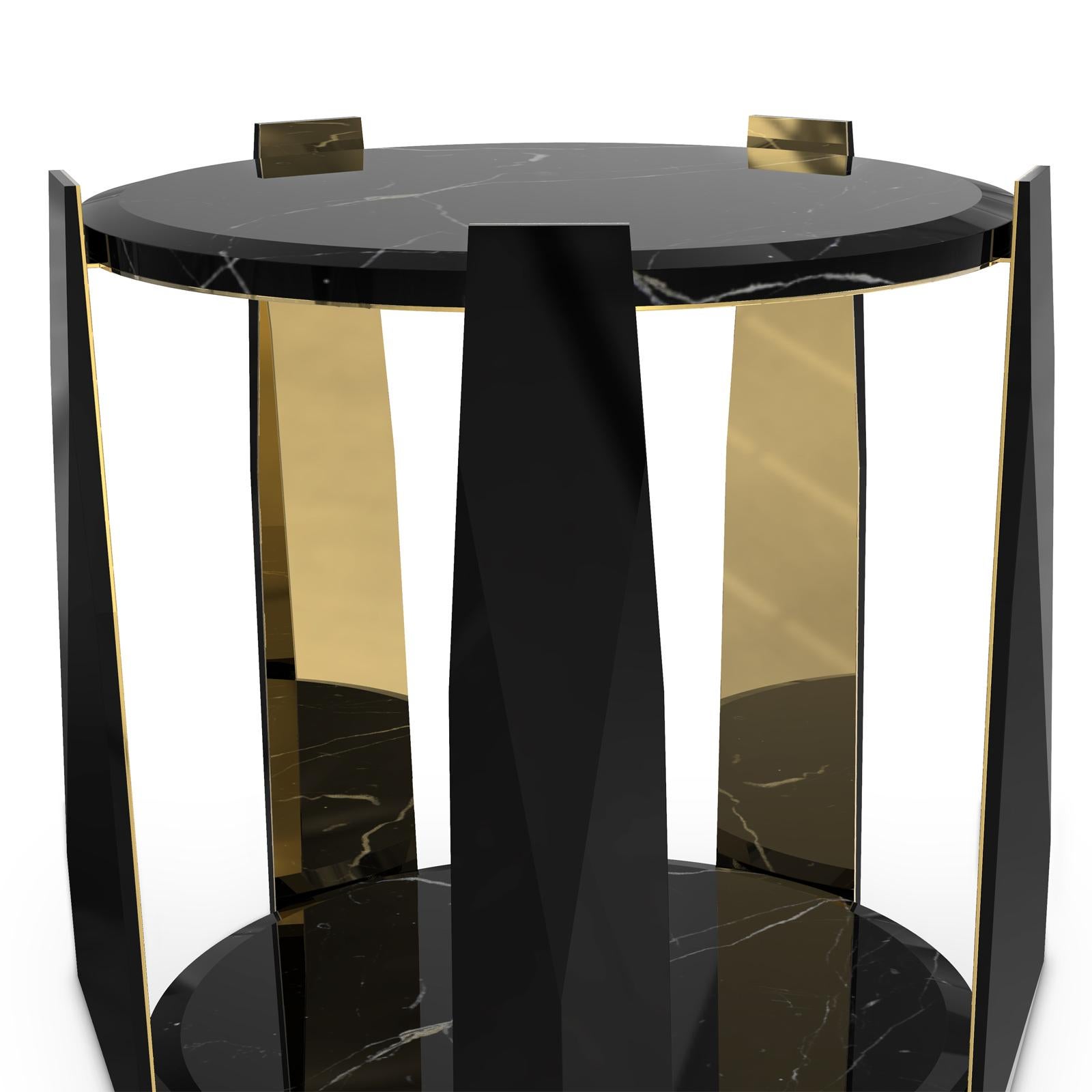 Five Arms Side Table with structure in black lacquered wood.
With gold plated polished brass inside arms. With 2 tops, up 
and bottom in black marble, Nero Marquina marble.