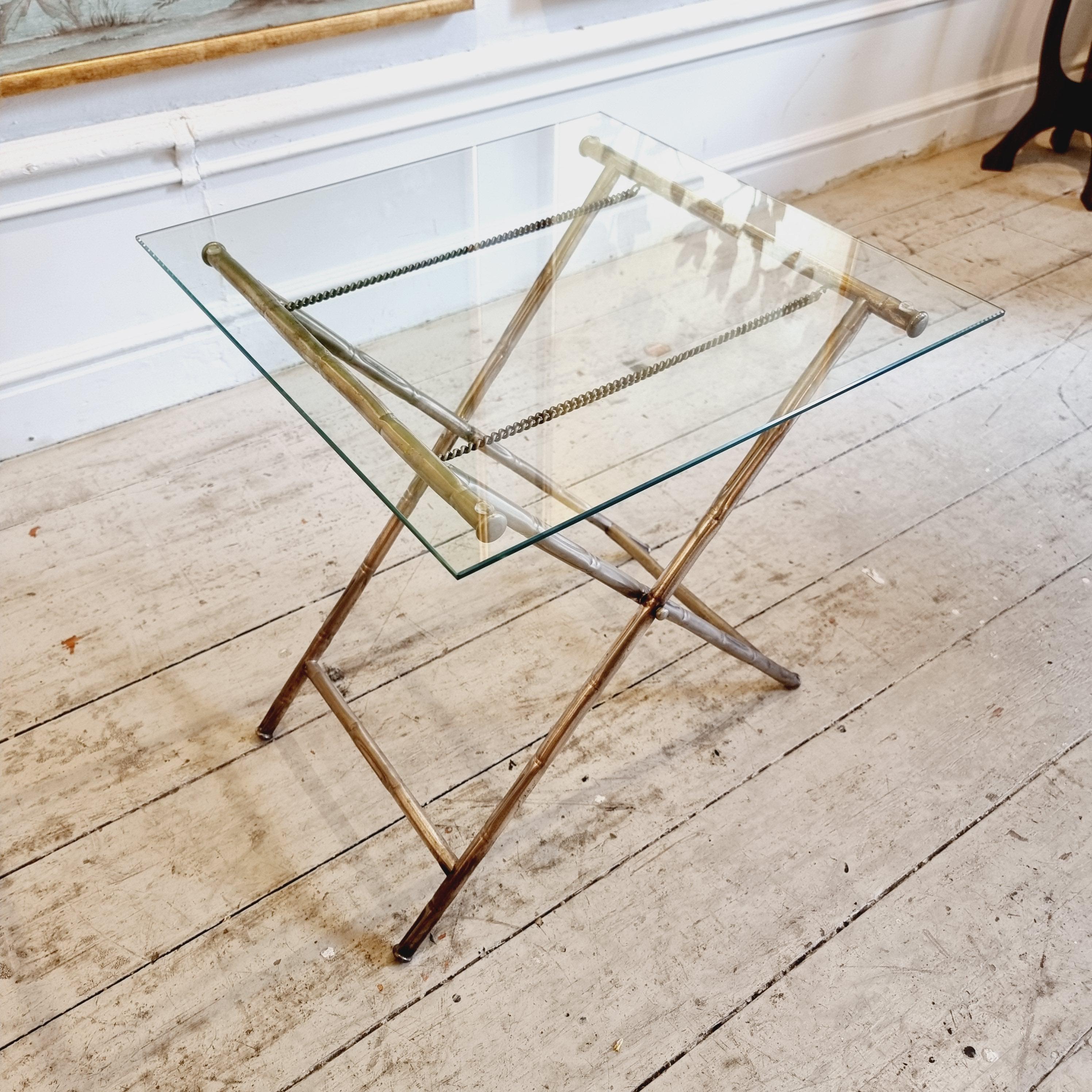 French Side table, foldable with bamboo imitated metal base, Hollywood Regency. For Sale