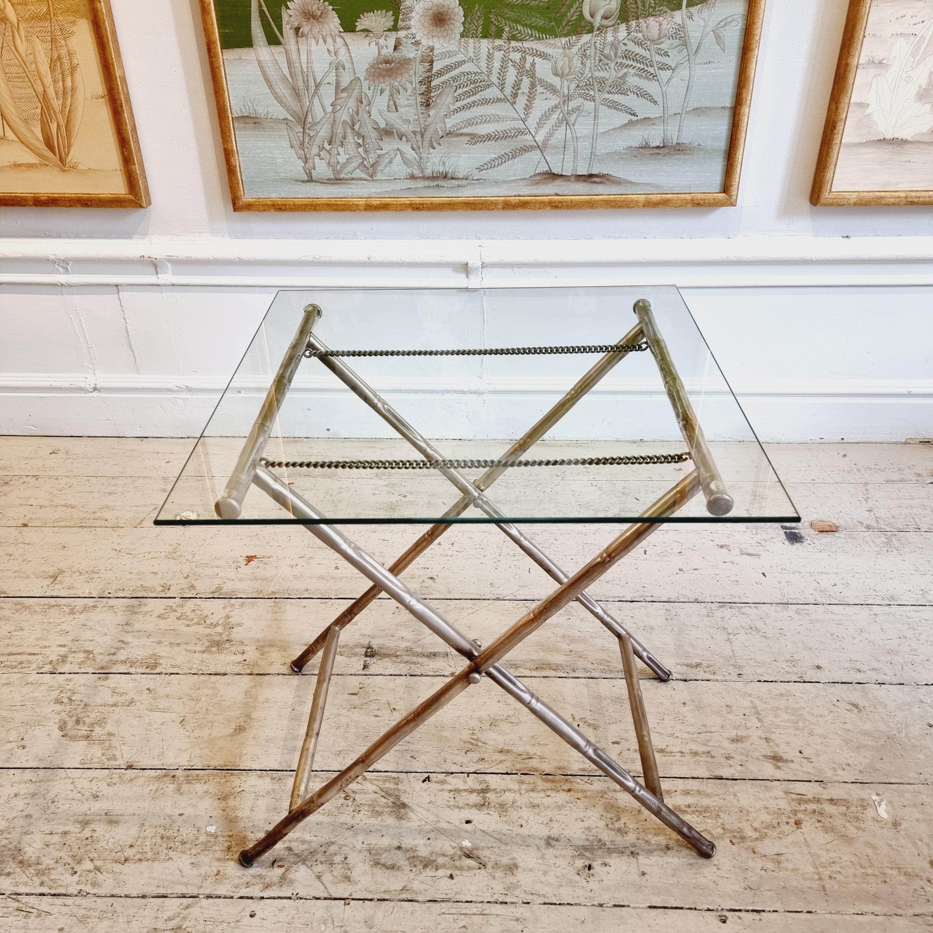 Side table, foldable with bamboo imitated metal base, Hollywood Regency. In Good Condition For Sale In Stockholm, SE