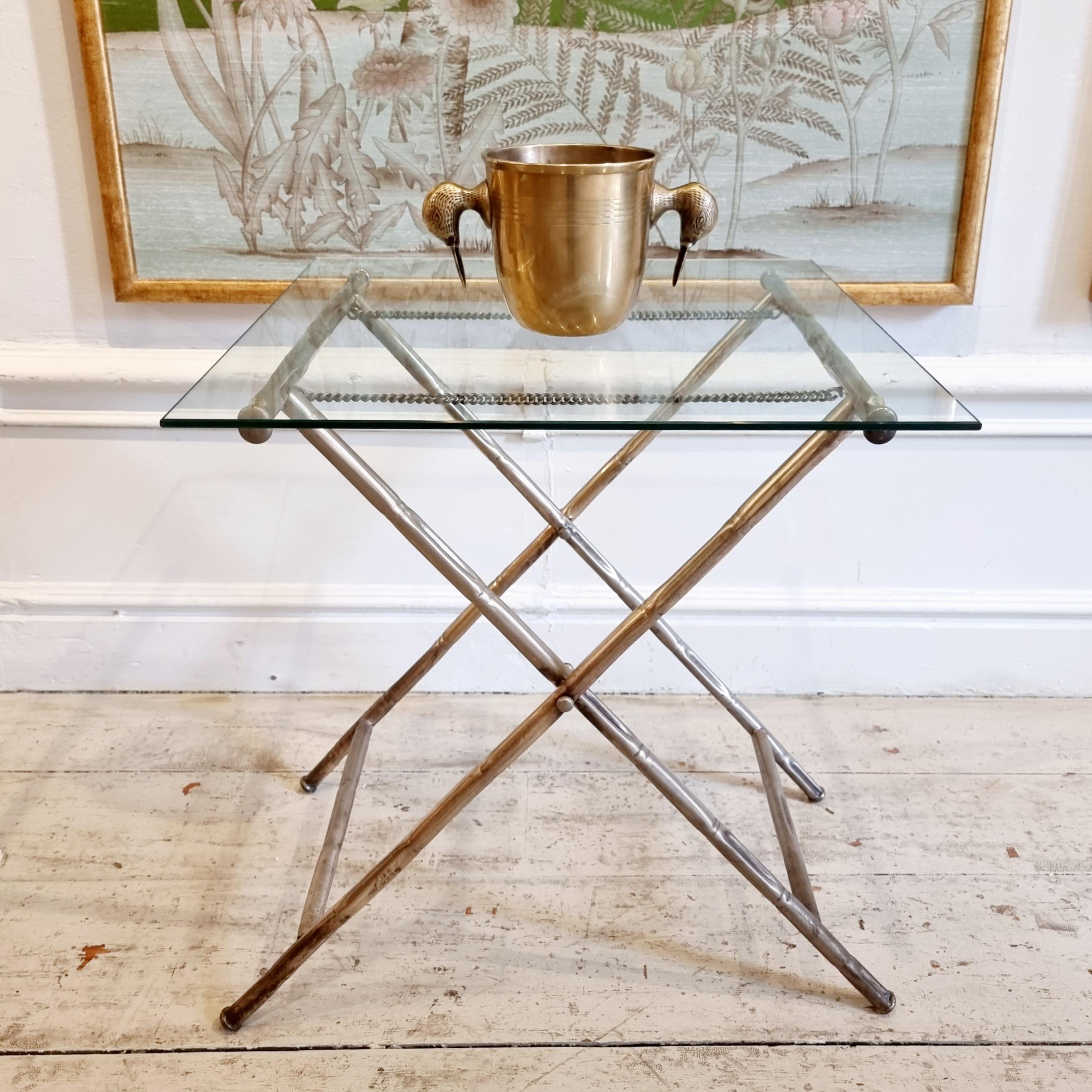 Side table, foldable with bamboo imitated metal base, Hollywood Regency. For Sale 1