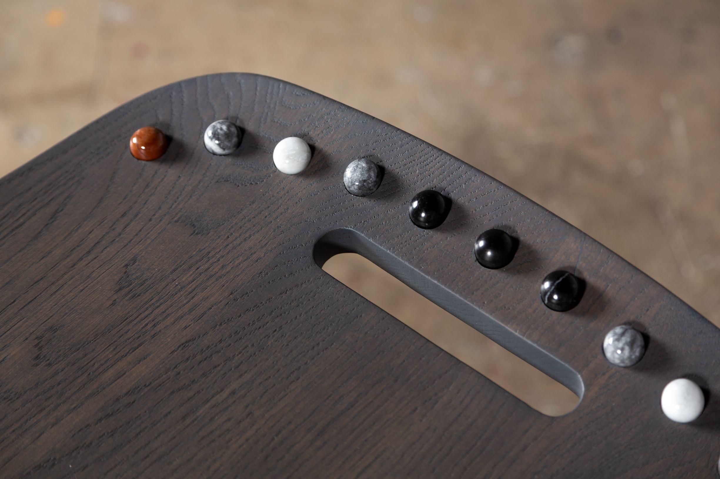 Kenyan Hand carved solid oak side table with marble gems from SoShiro Pok collection For Sale