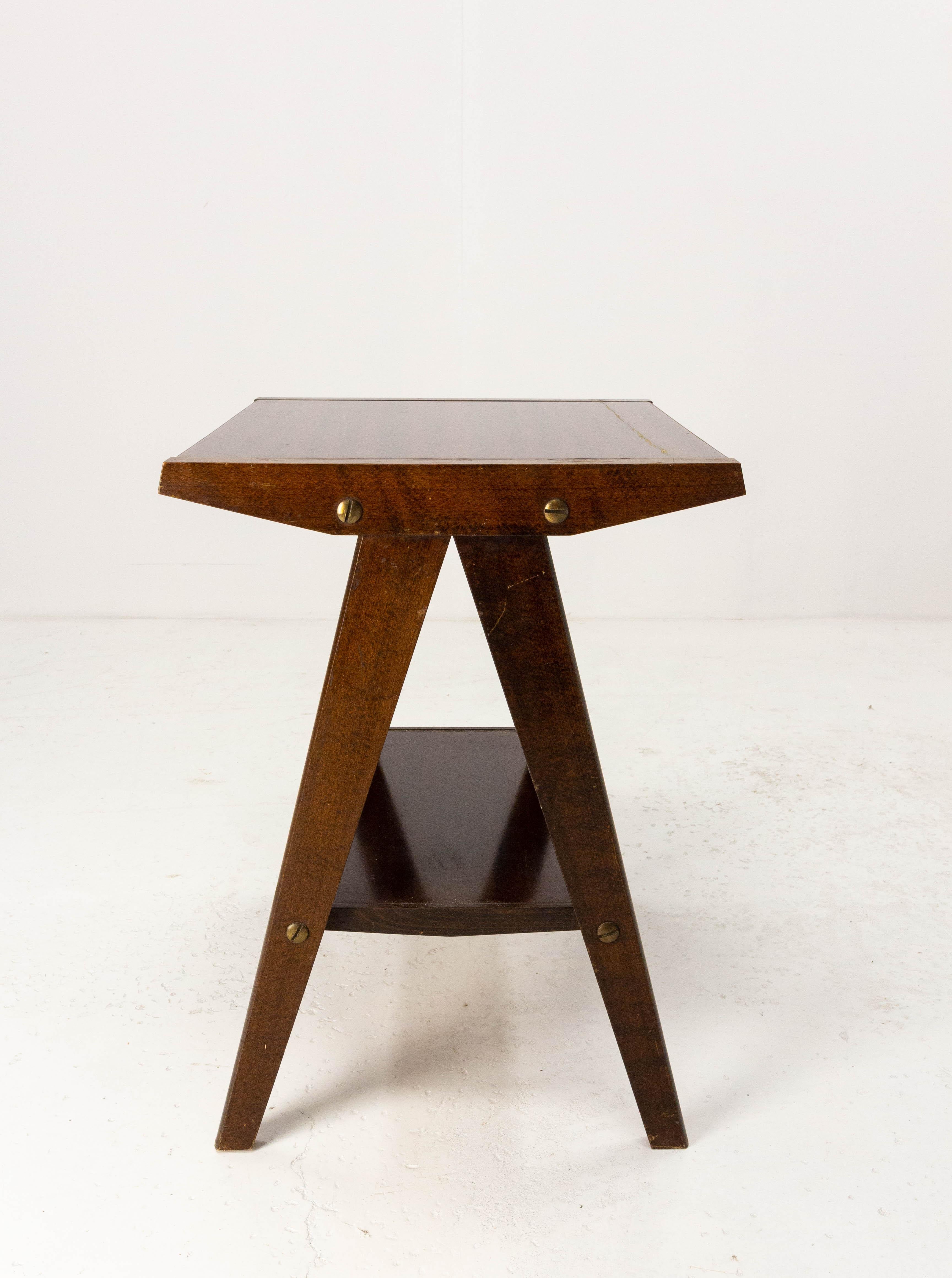 Wood Side Table Hall or Console Table Compas Feet Iroko with Gold Vein French c. 1960 For Sale