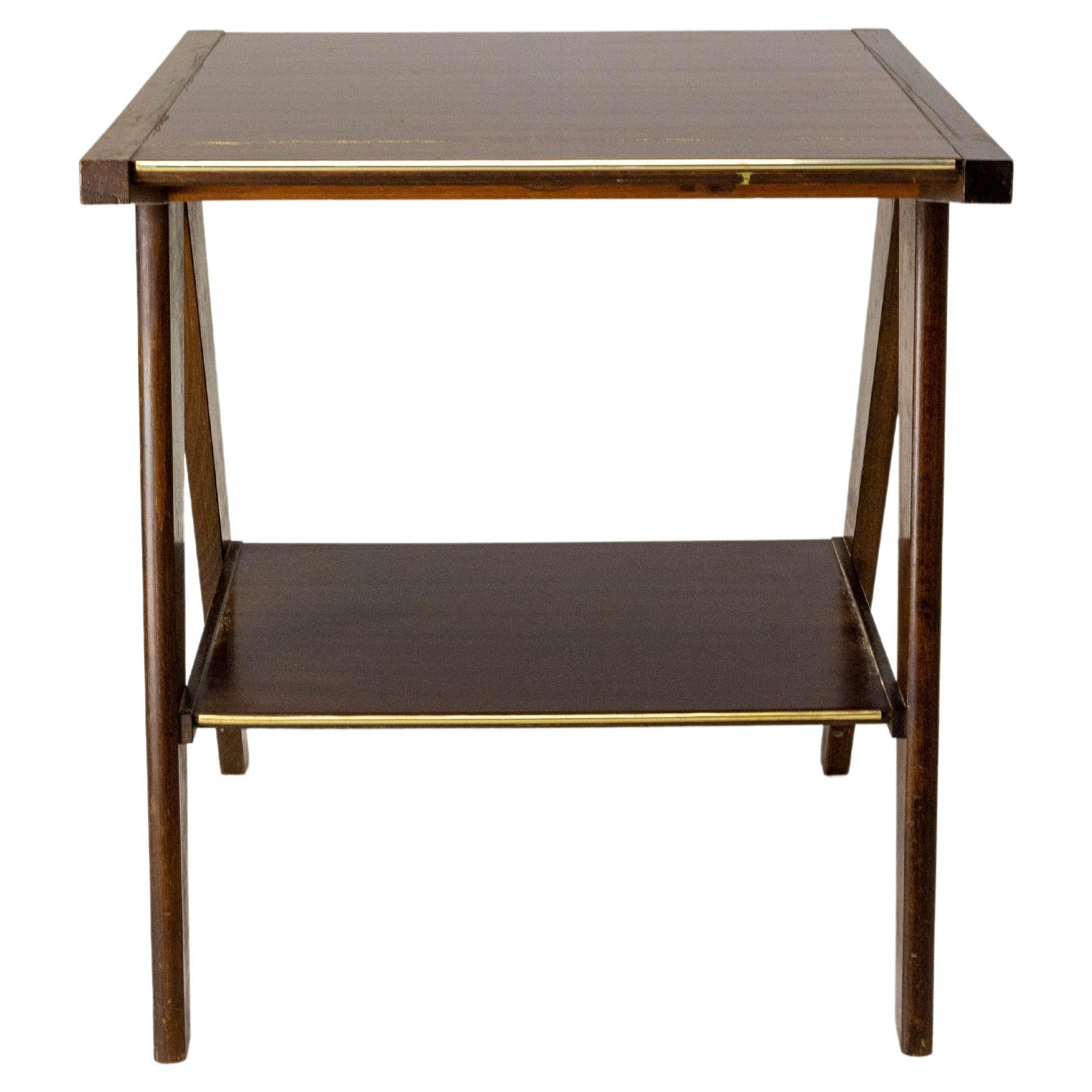 Table d'appoint ou table console à pieds en forme de corbeille Iroko avec veine dorée, France, vers 1960