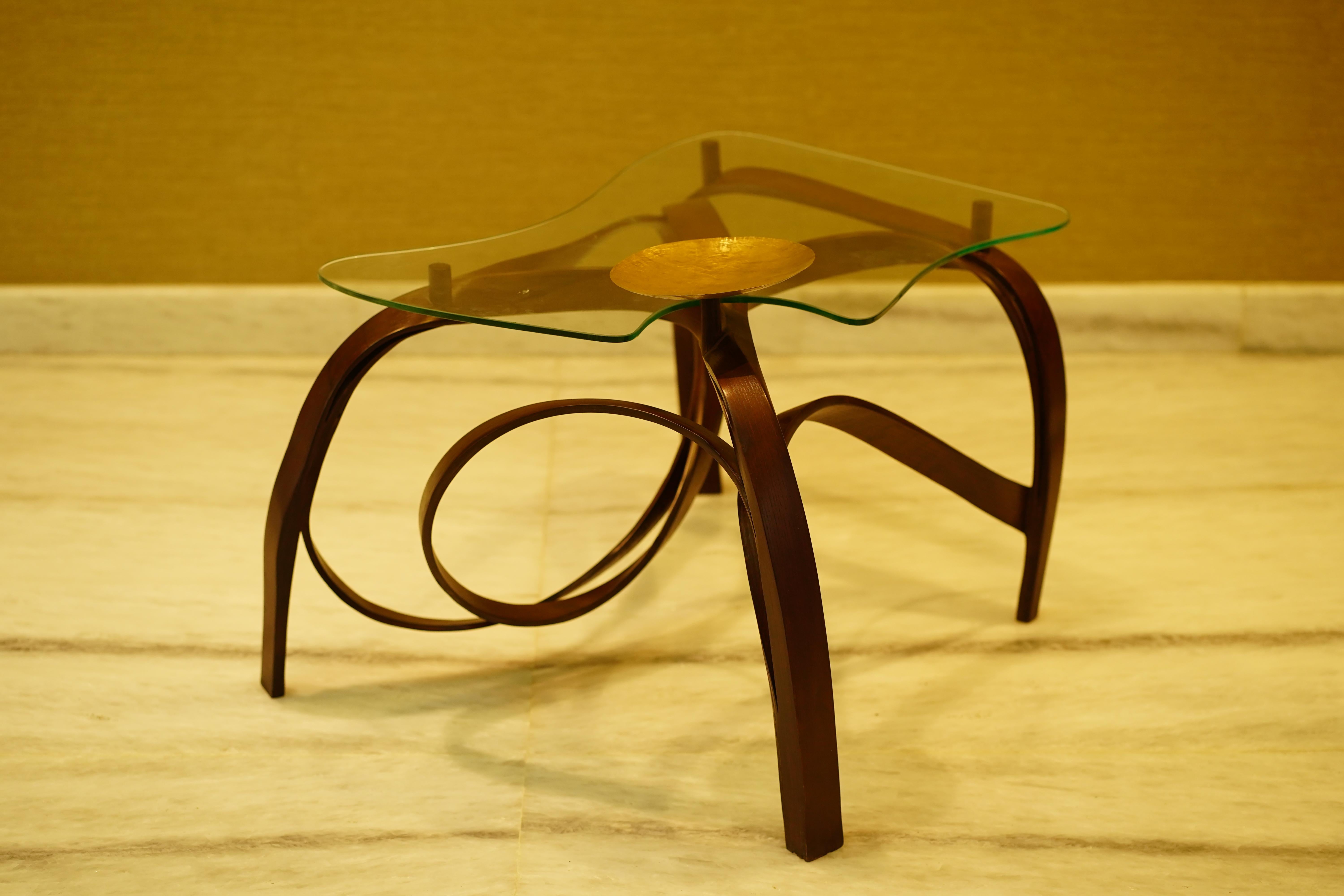 Side table I by Raka Studio
Dimensions: D 81 x W 63.5 x H 50.5 cm
Material: ash wood, glass, brass

This table is a compact and detailed piece, making each of its viewing angles visually precious. An elevated brass plate has been infused to