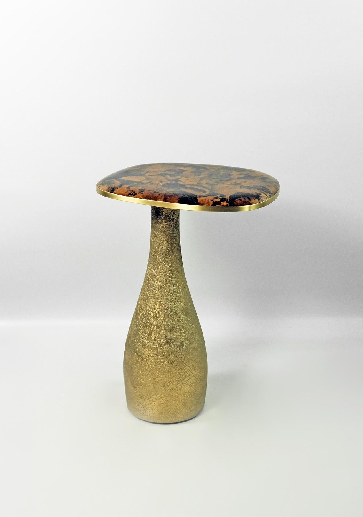 French Side Table in Amber colour Marquetry and Brass by Ginger Brown For Sale