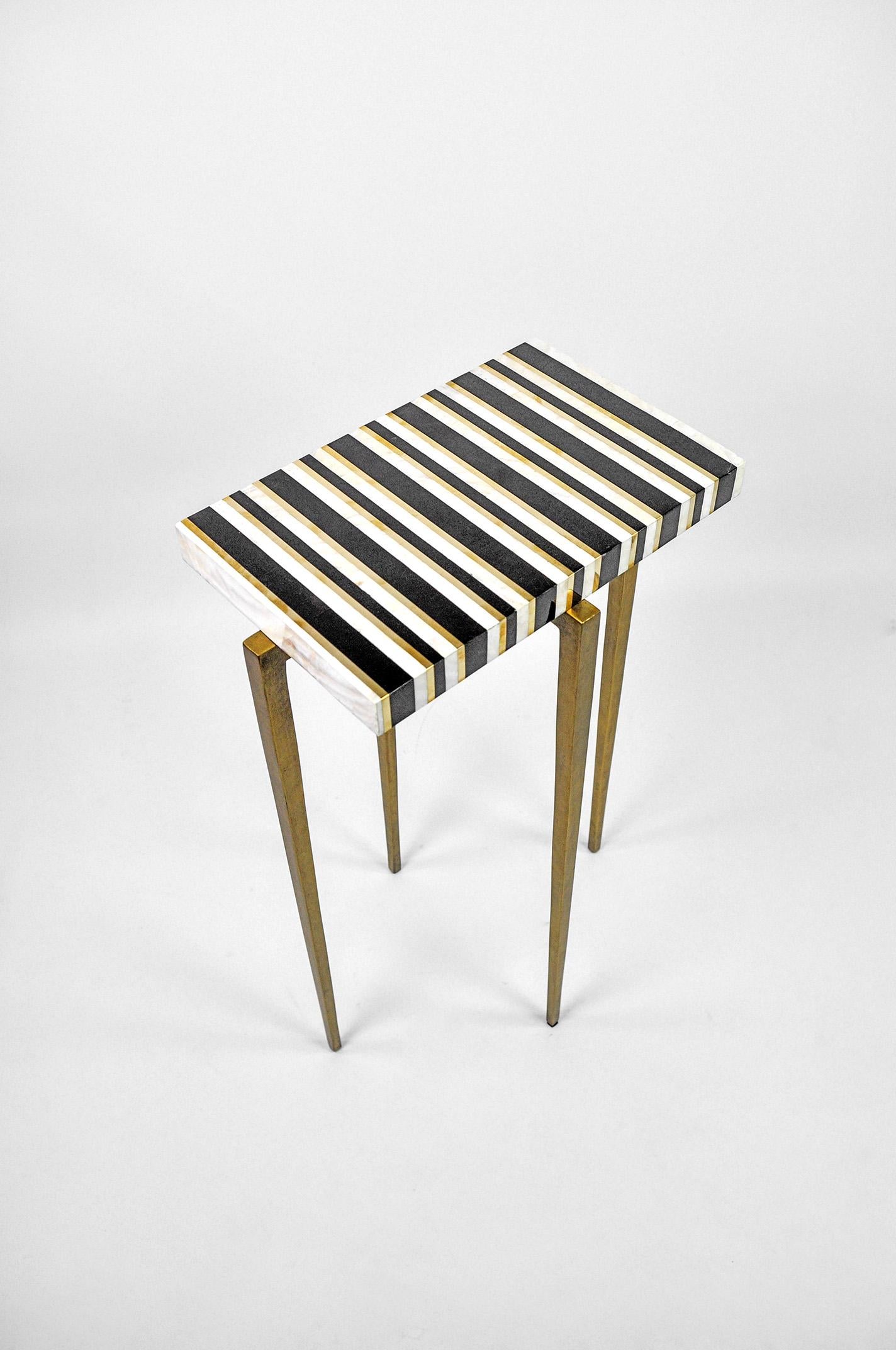 Art Deco Side Table in Black and White Marquetry with Brass Trims