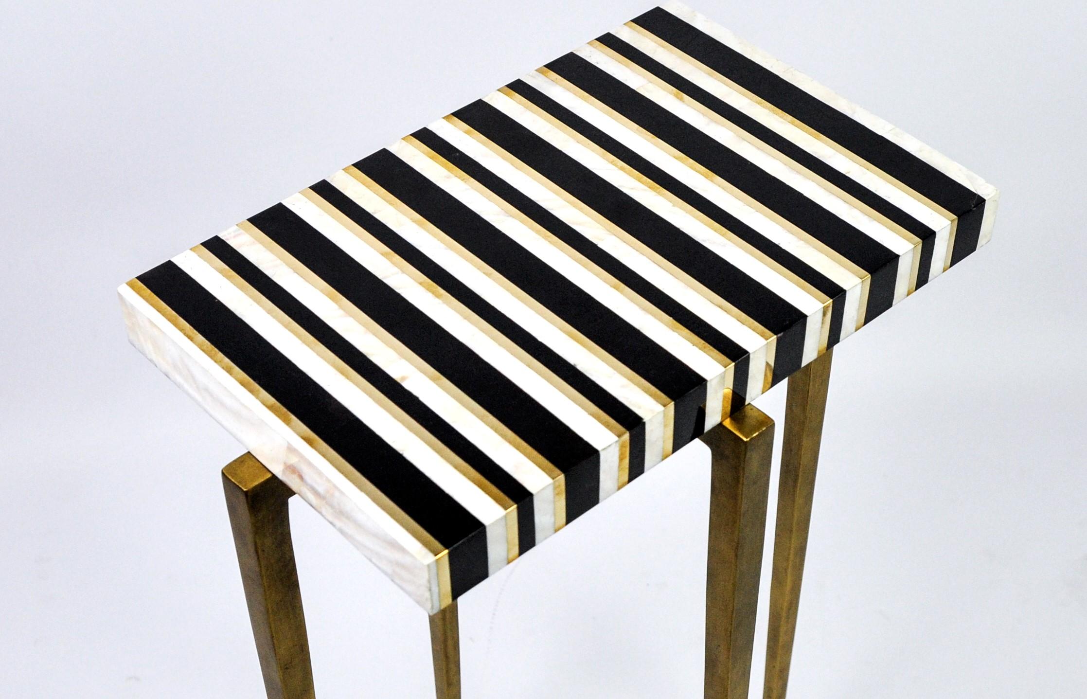 European Side Table in Black and White Marquetry with Brass Trims