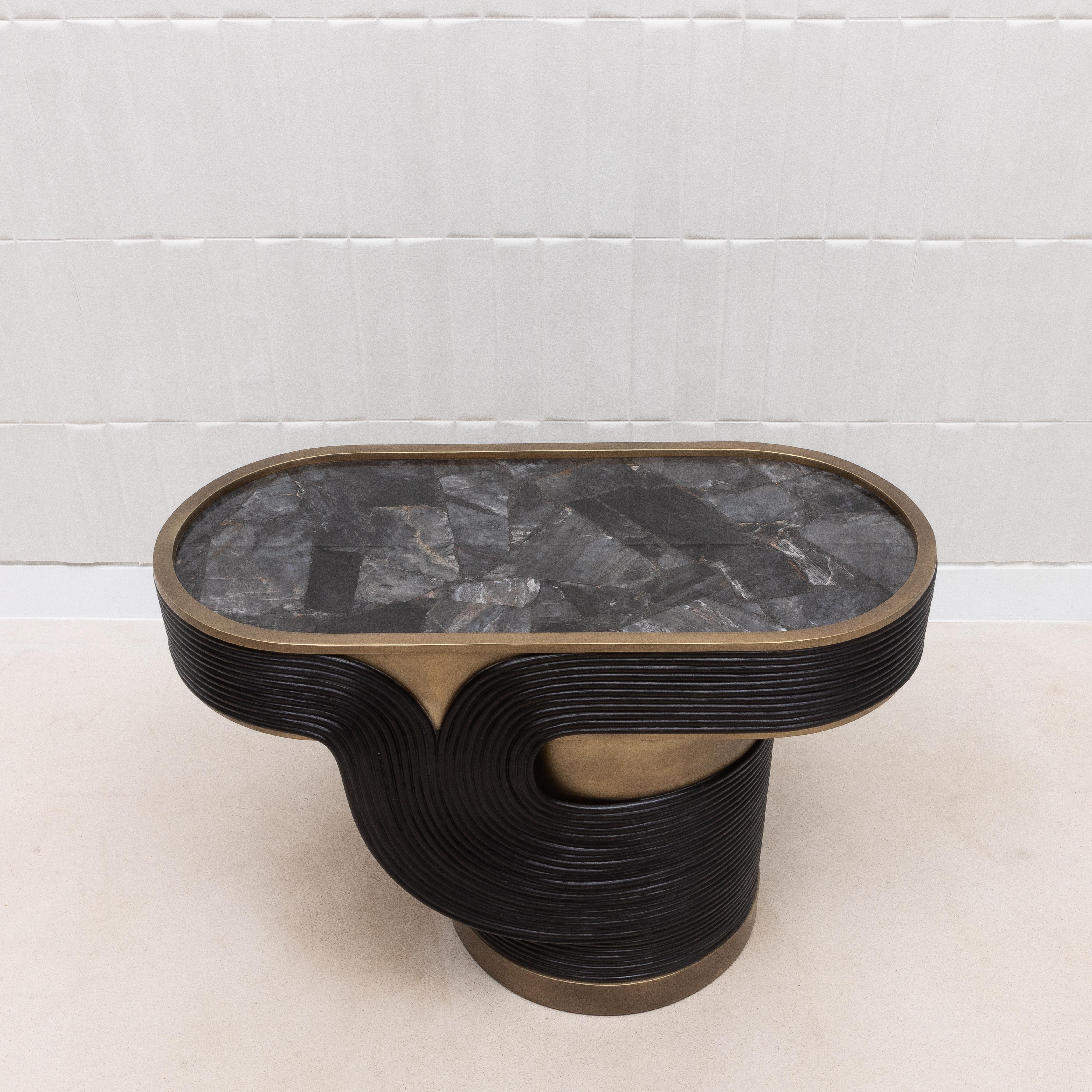 Side Table in Black Quartz and Rattan with Bronze Patina Brass by R&Y Augousti For Sale 3