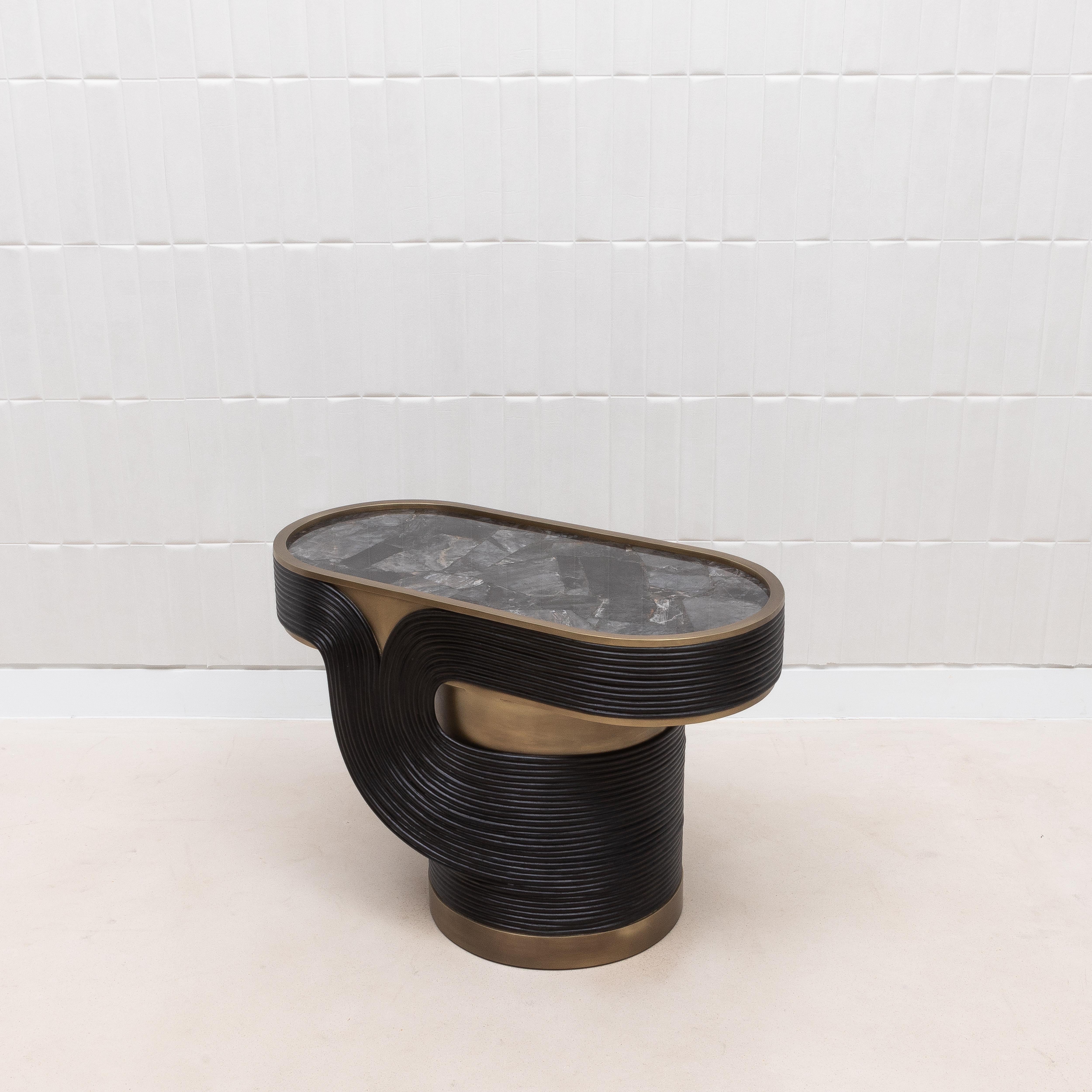 Art Deco Side Table in Black Quartz and Rattan with Bronze Patina Brass by R&Y Augousti For Sale