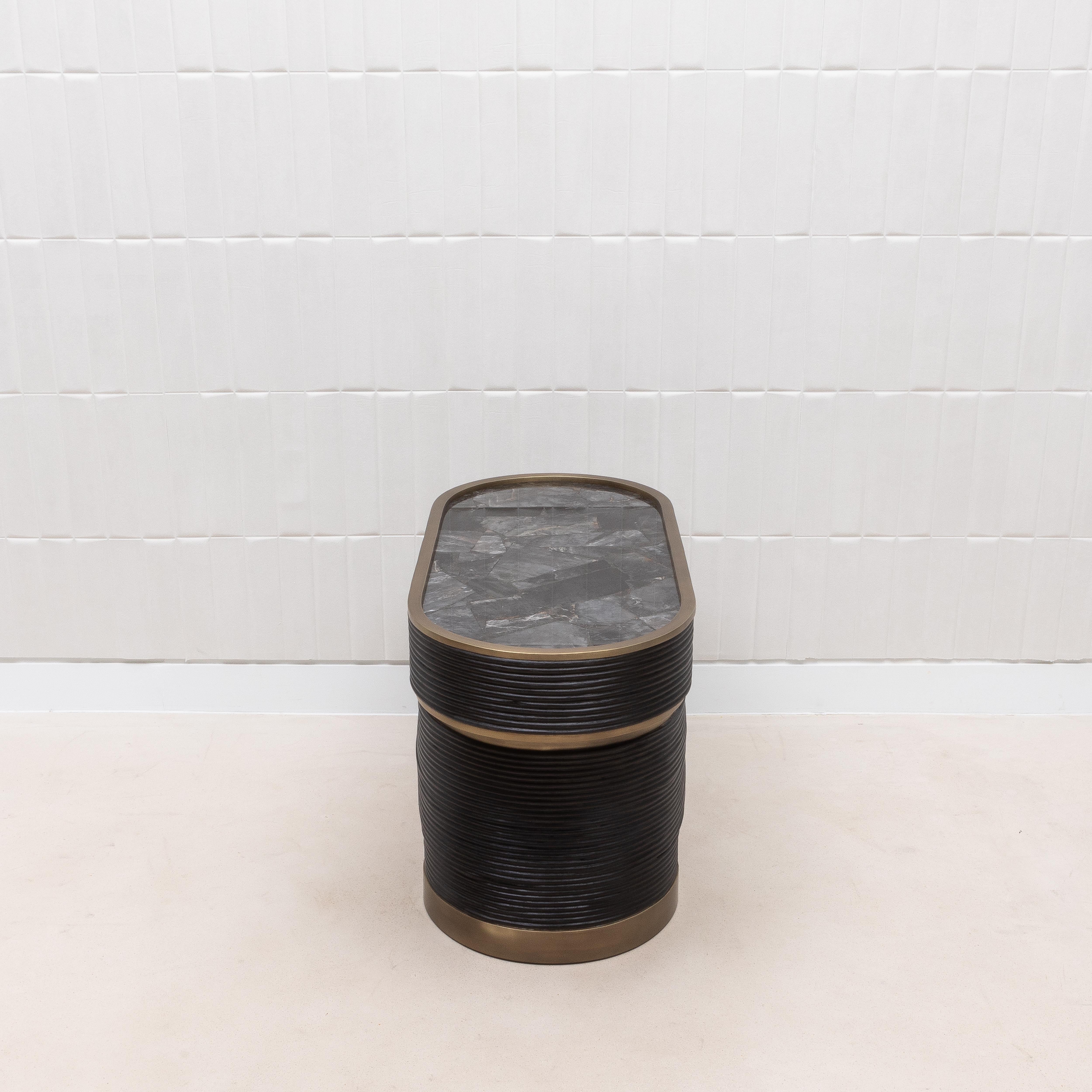 Philippine Side Table in Black Quartz and Rattan with Bronze Patina Brass by R&Y Augousti For Sale