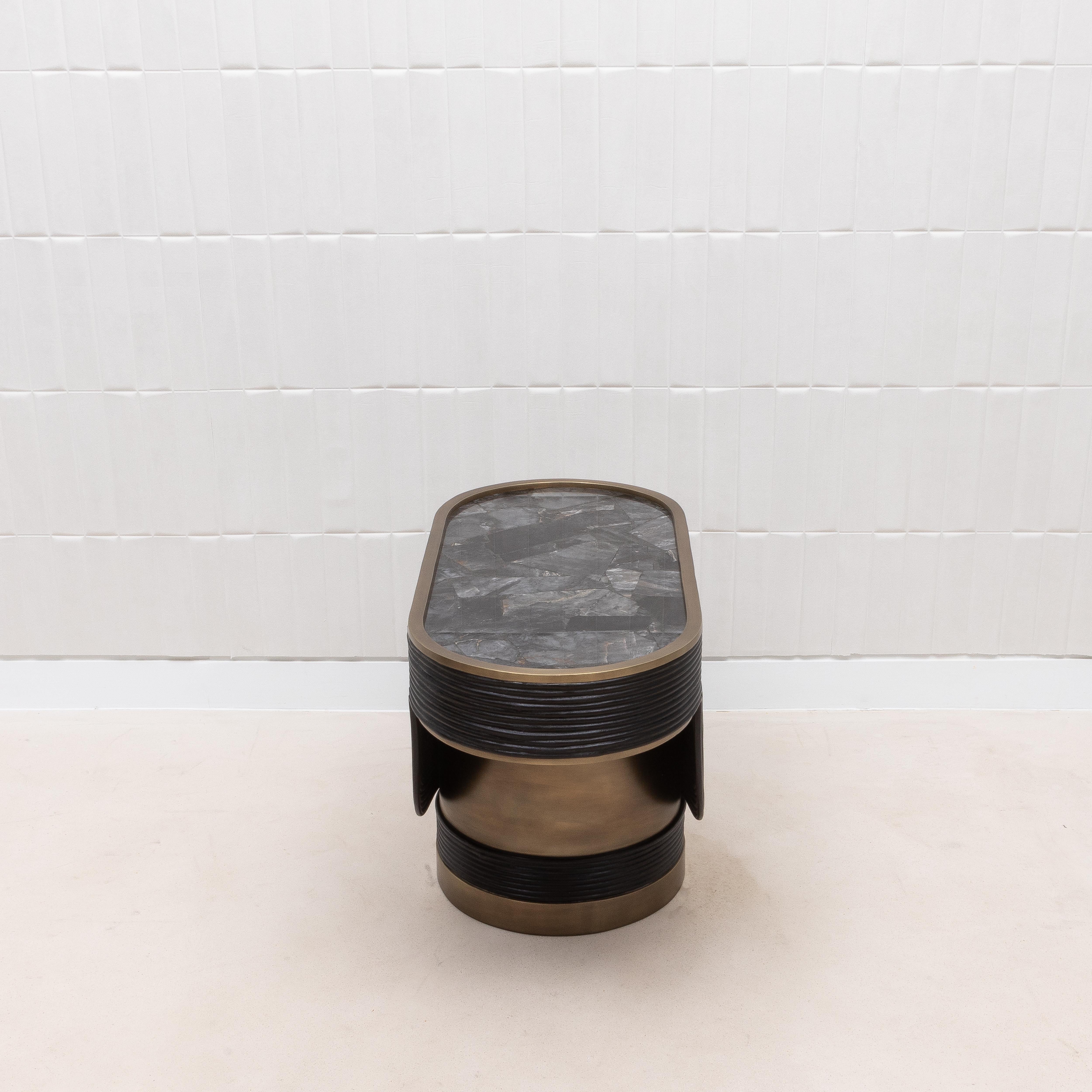 Contemporary Side Table in Black Quartz and Rattan with Bronze Patina Brass by R&Y Augousti For Sale