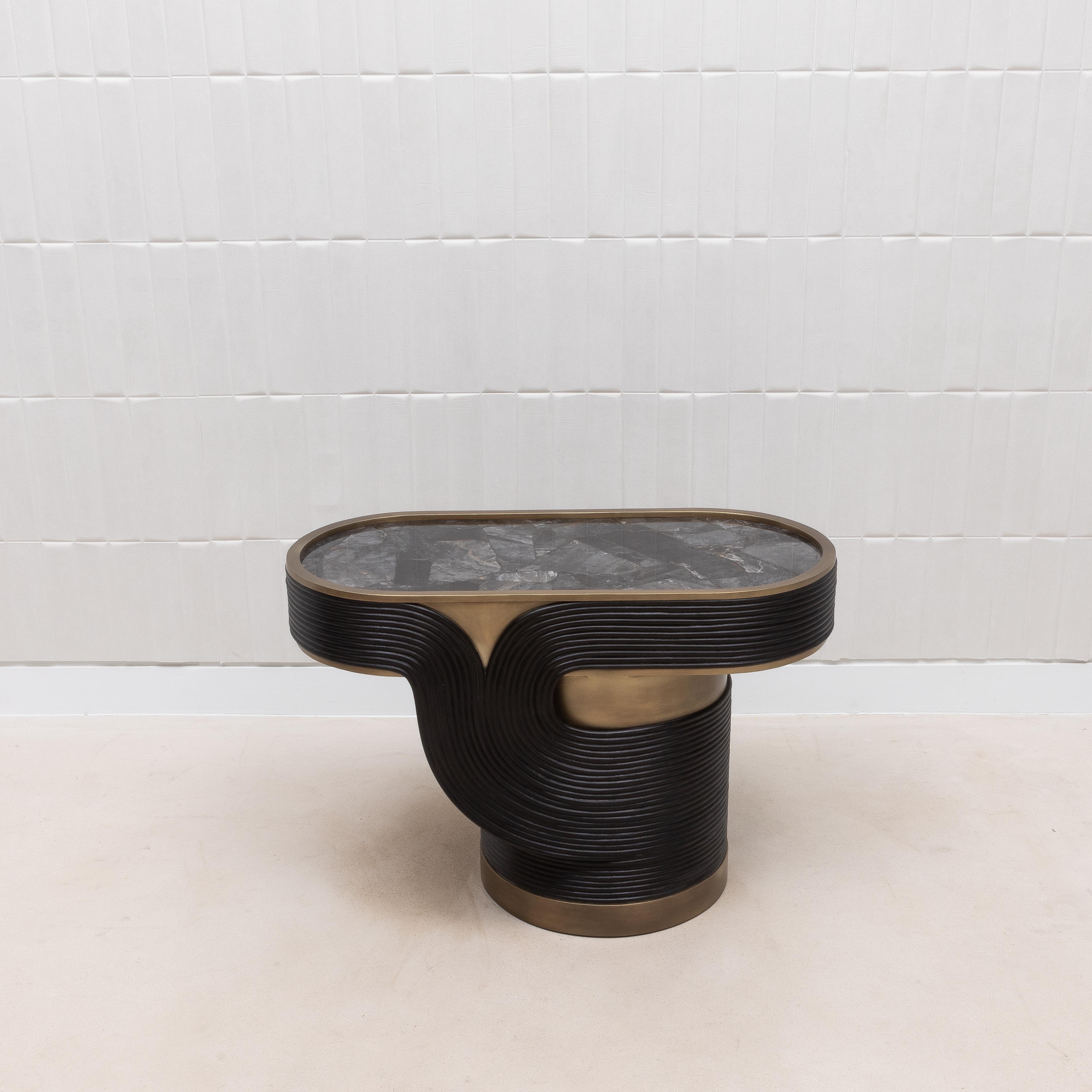 Side Table in Black Quartz and Rattan with Bronze Patina Brass by R&Y Augousti For Sale 1