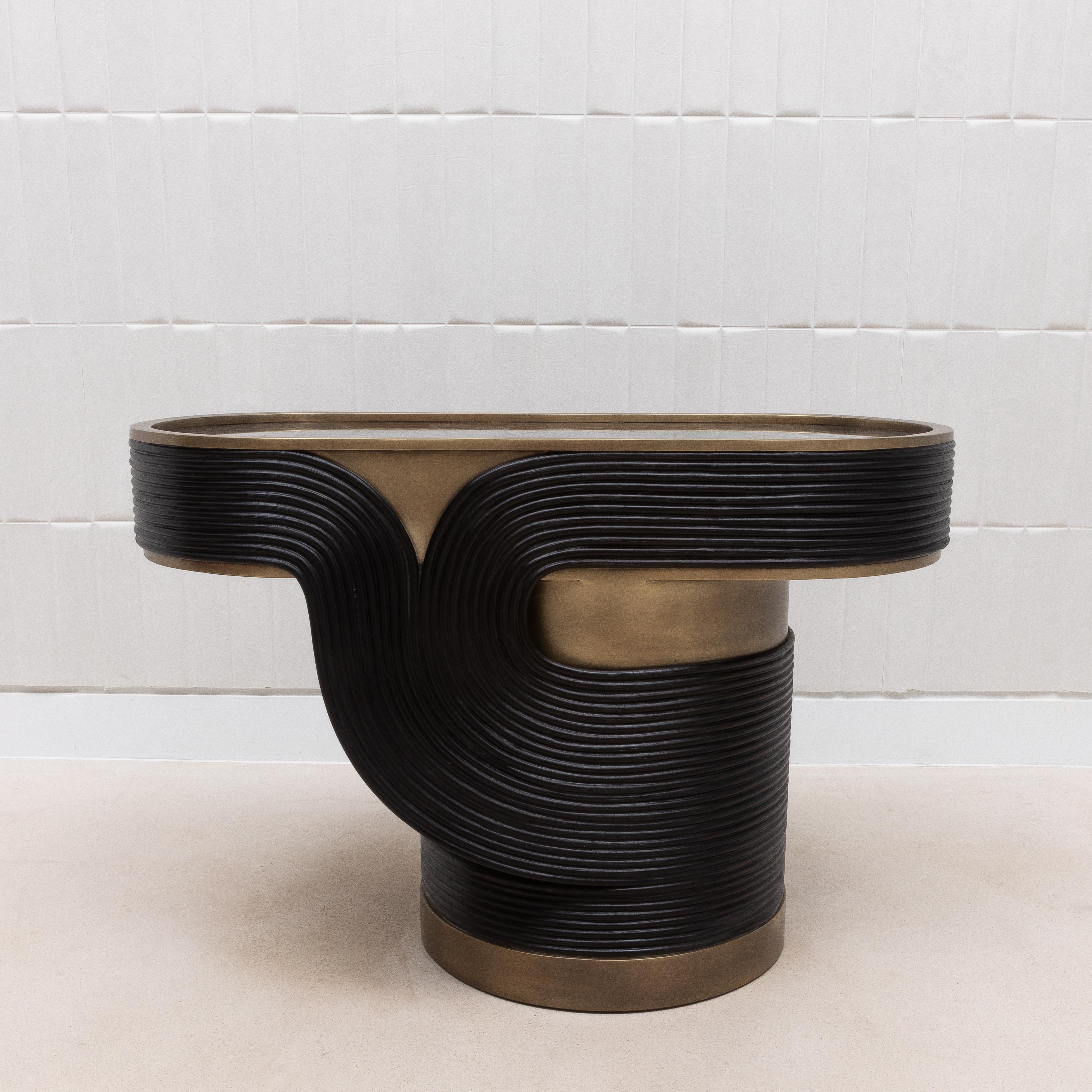 Side Table in Black Quartz and Rattan with Bronze Patina Brass by R&Y Augousti For Sale 2