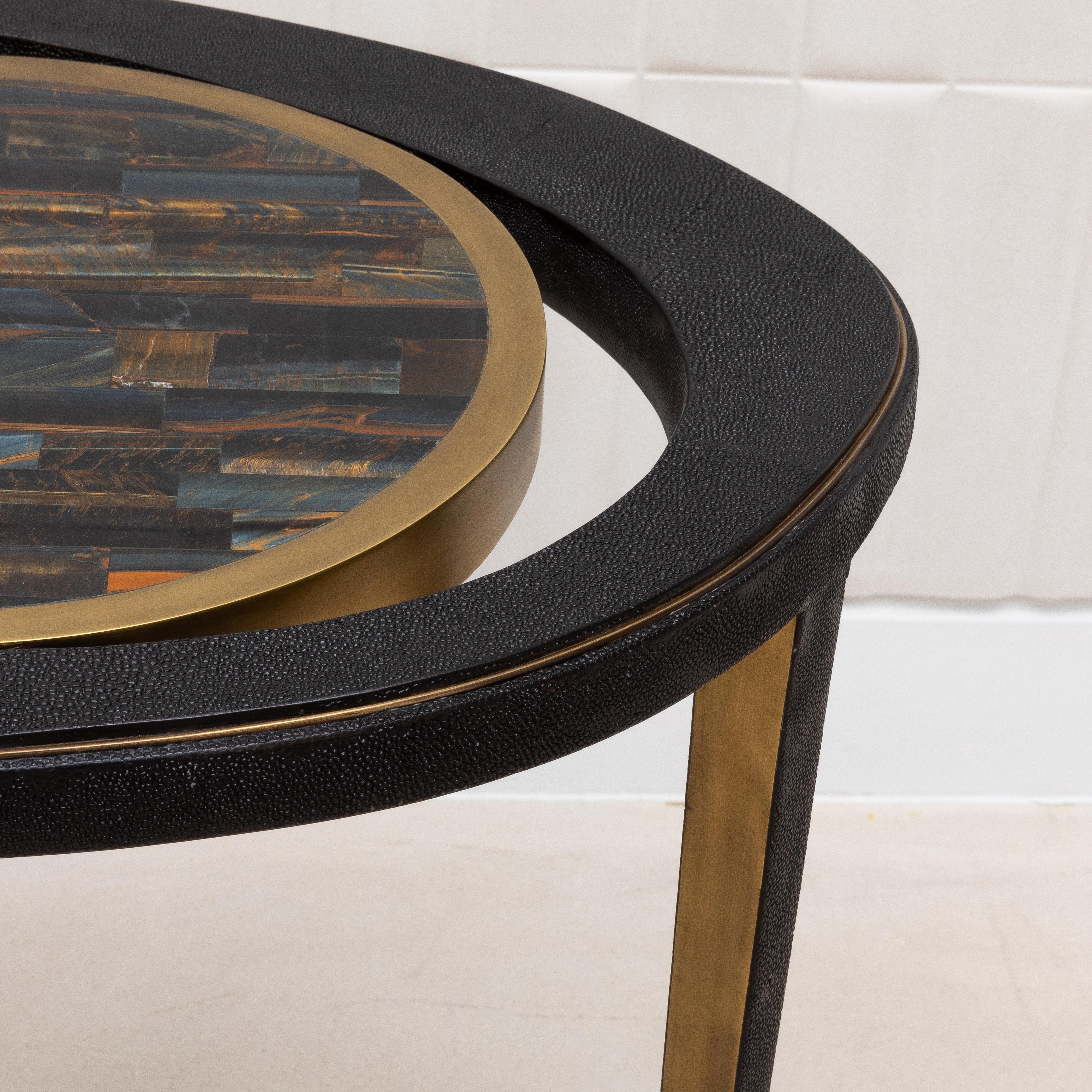 Side Table in Black Shagreen and Tiger Eye with Patina Brass by R&Y Augousti 3