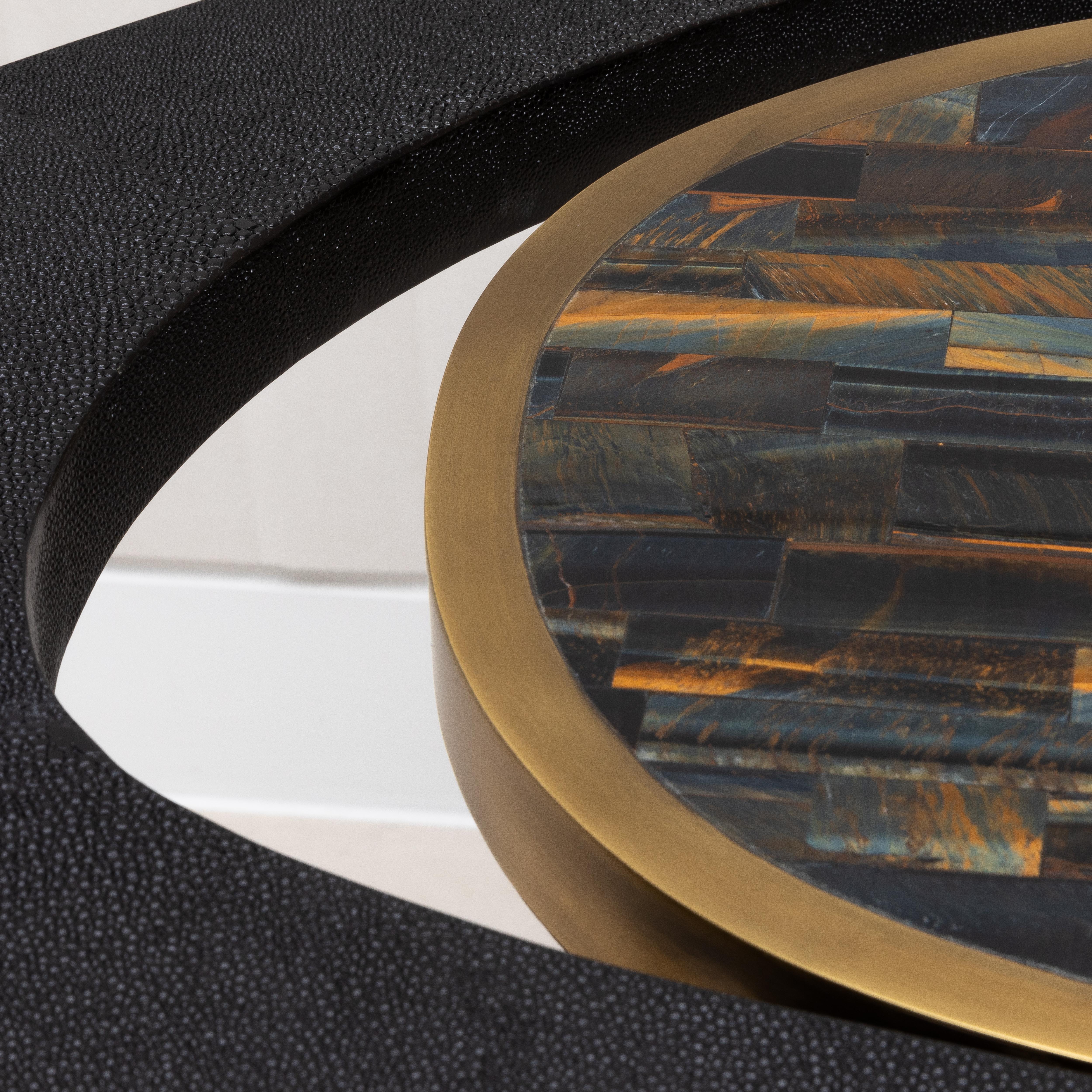 Side Table in Black Shagreen and Tiger Eye with Patina Brass by R&Y Augousti 4