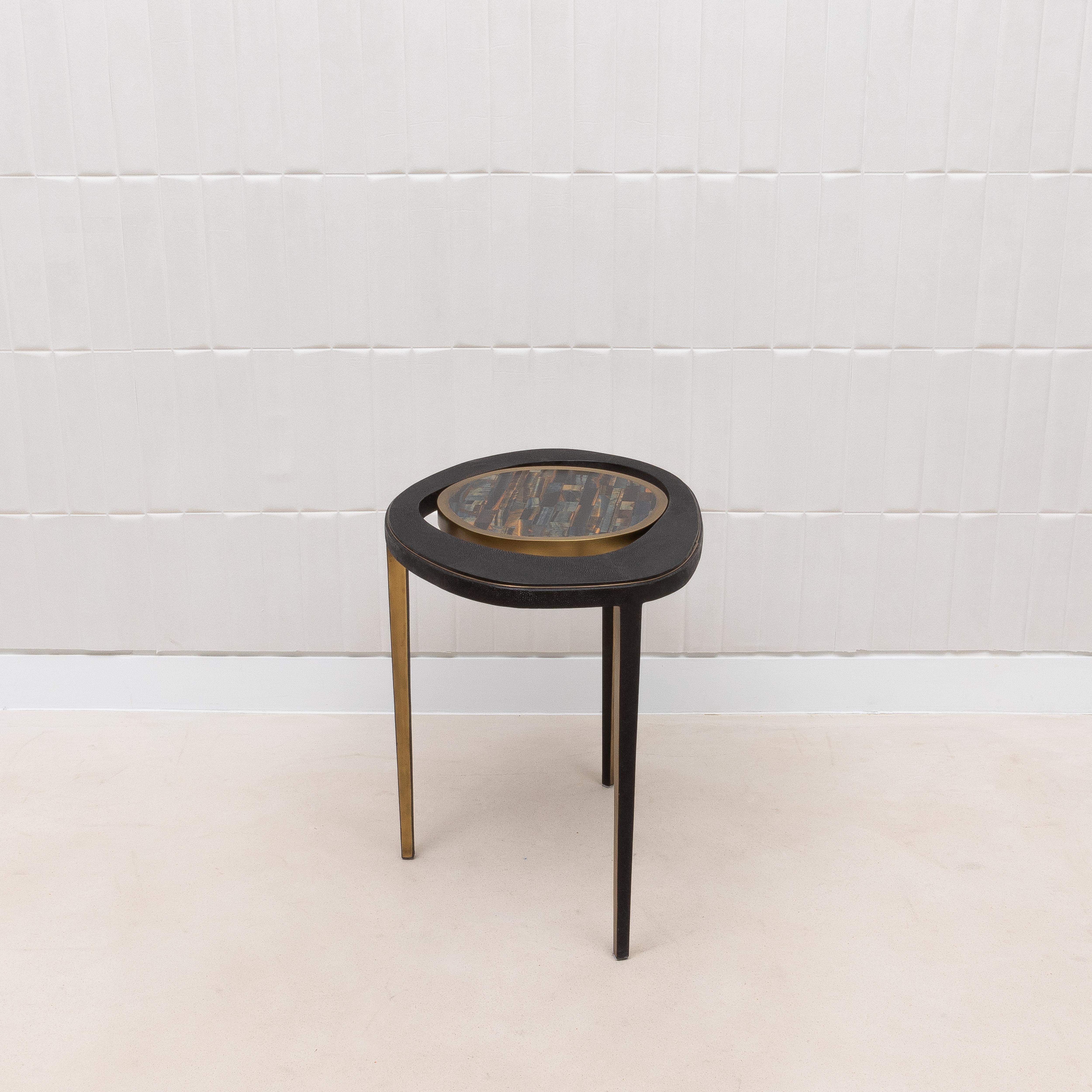 Art Deco Side Table in Black Shagreen and Tiger Eye with Patina Brass by R&Y Augousti