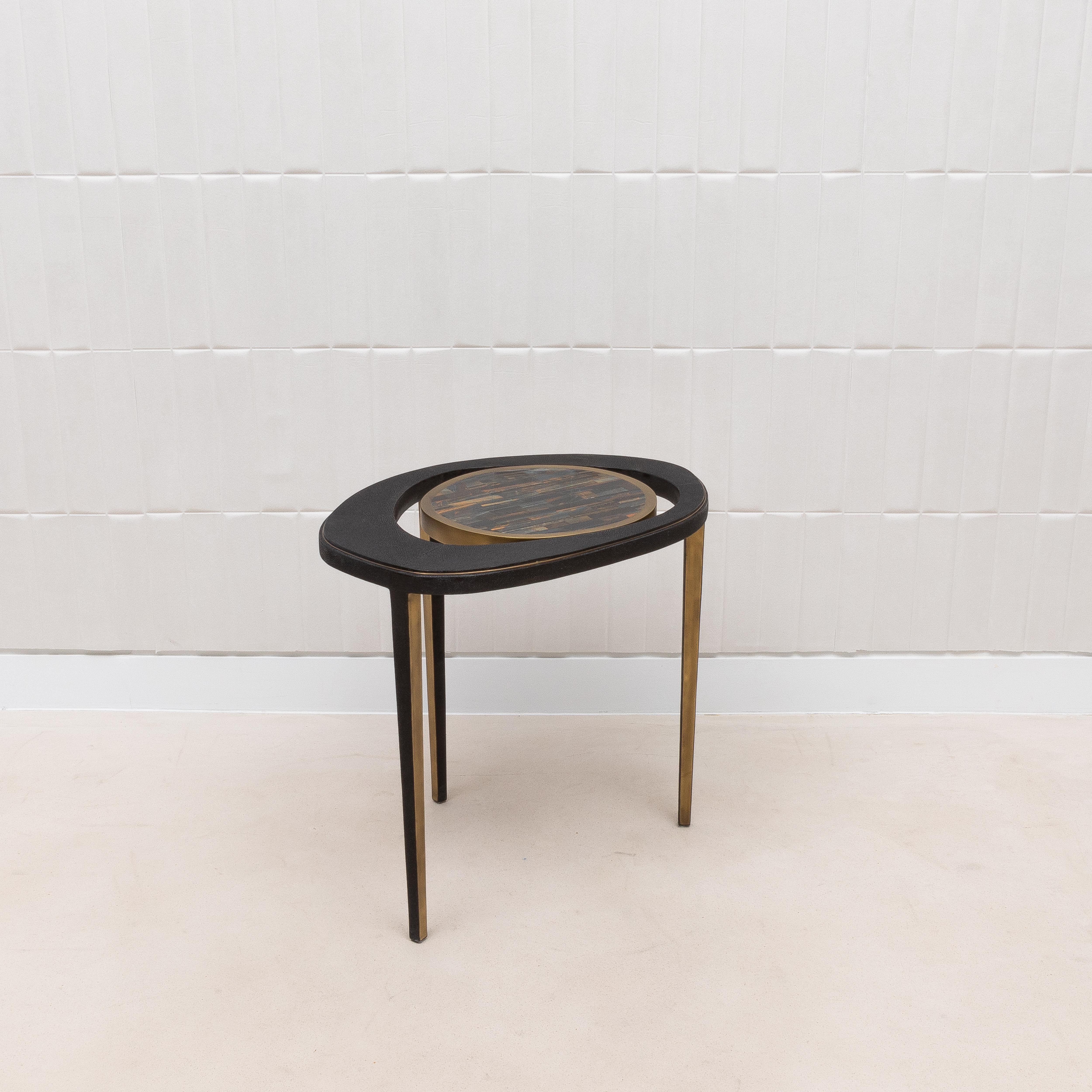 Philippine Side Table in Black Shagreen and Tiger Eye with Patina Brass by R&Y Augousti