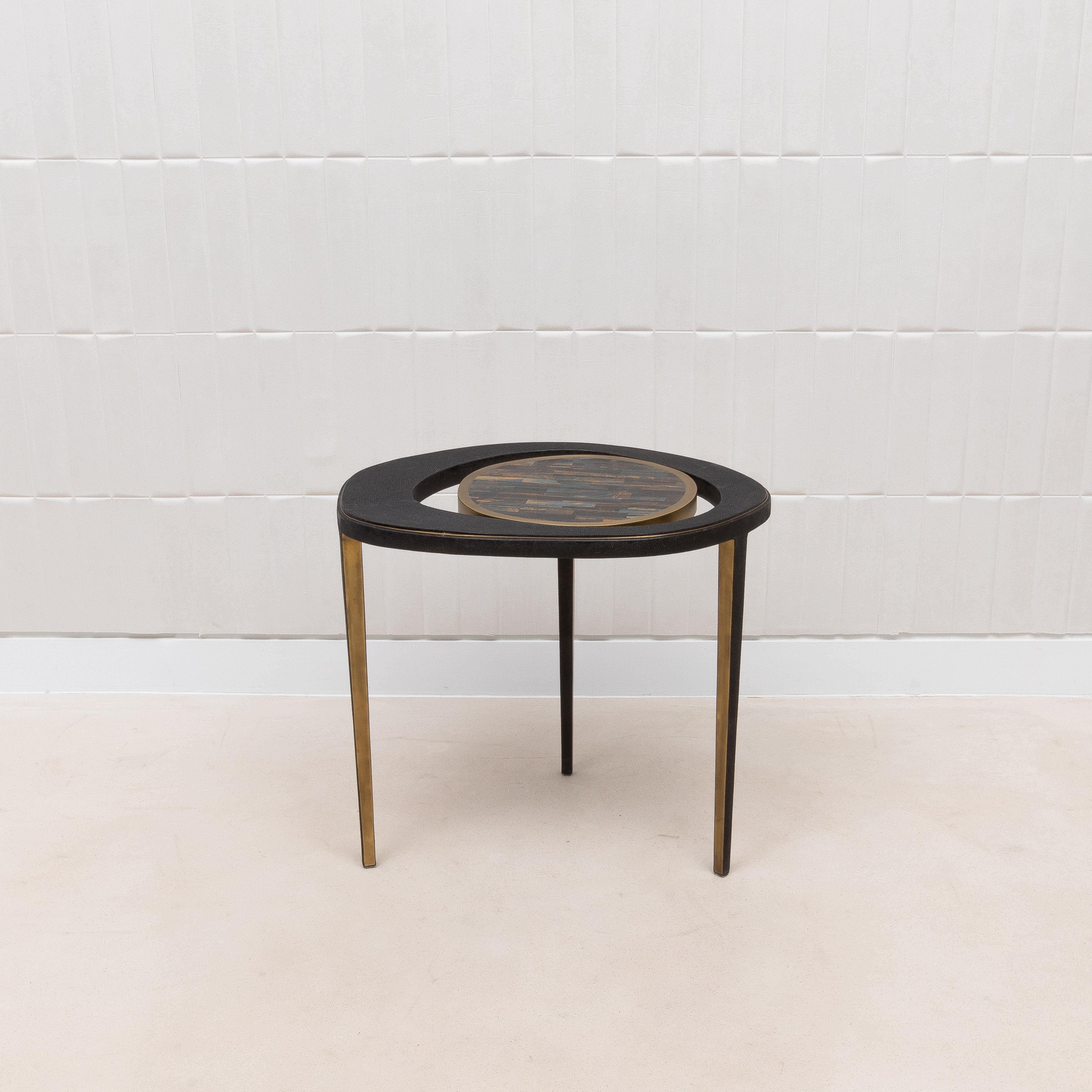 Hand-Crafted Side Table in Black Shagreen and Tiger Eye with Patina Brass by R&Y Augousti