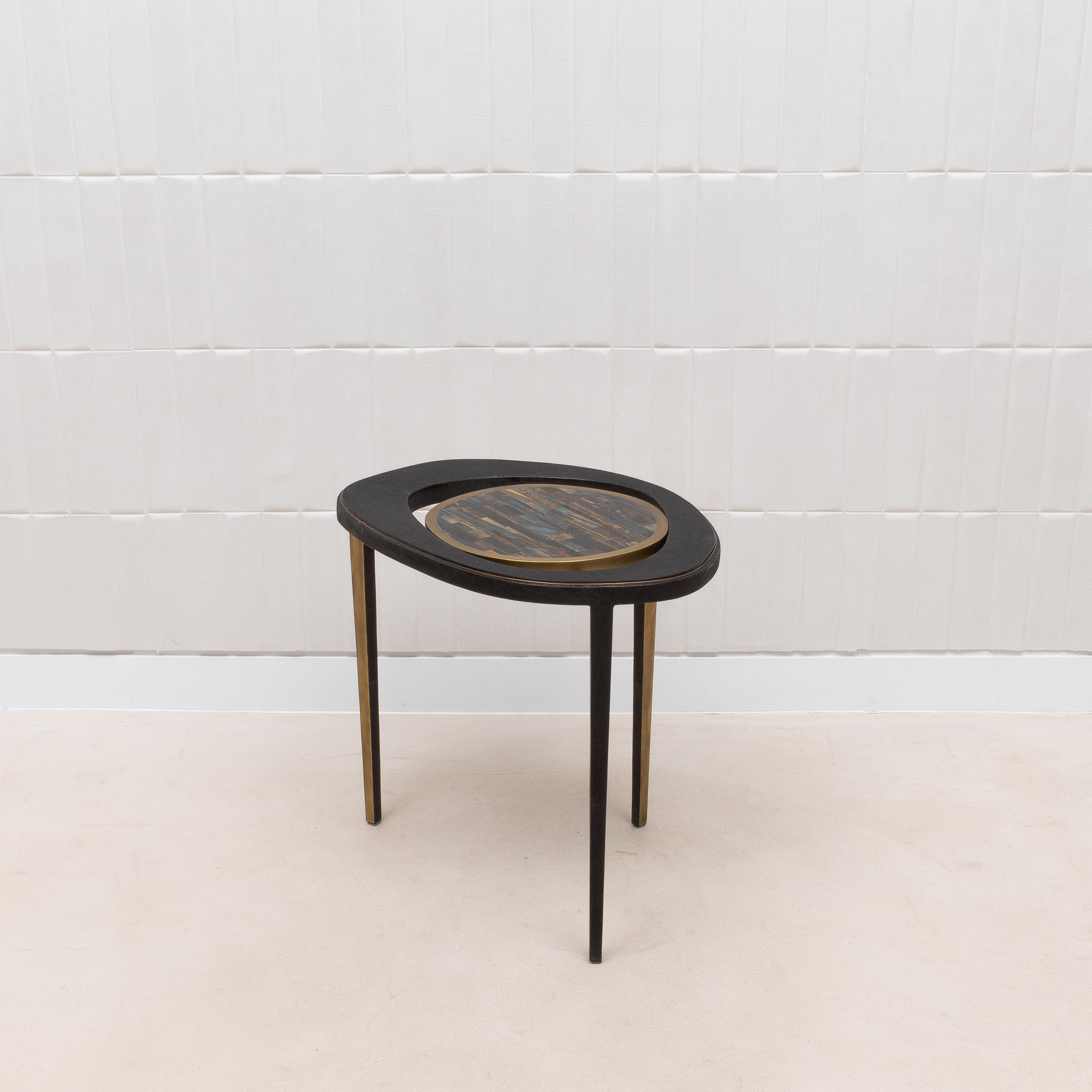Side Table in Black Shagreen and Tiger Eye with Patina Brass by R&Y Augousti In New Condition In West Hollywood, CA