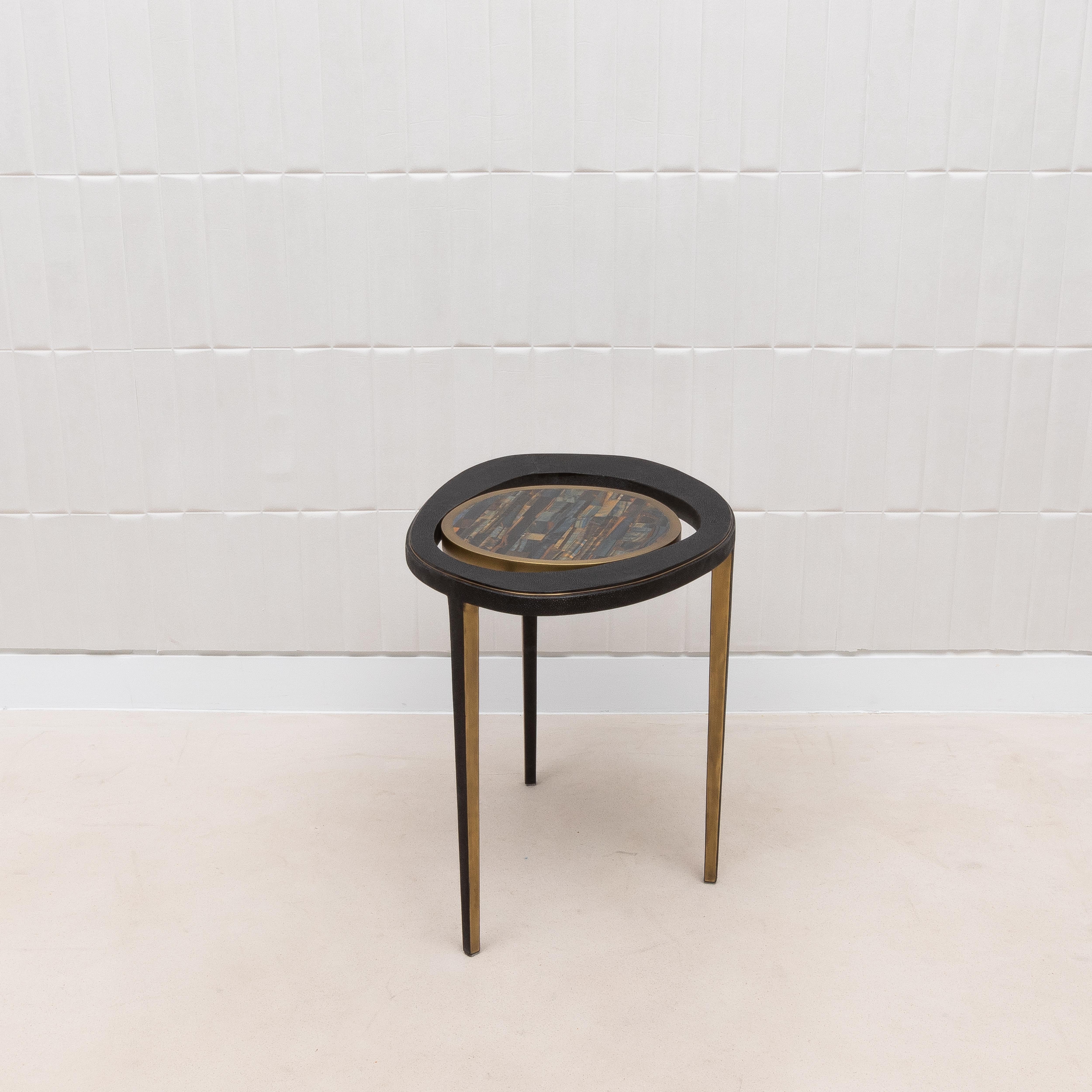 Contemporary Side Table in Black Shagreen and Tiger Eye with Patina Brass by R&Y Augousti