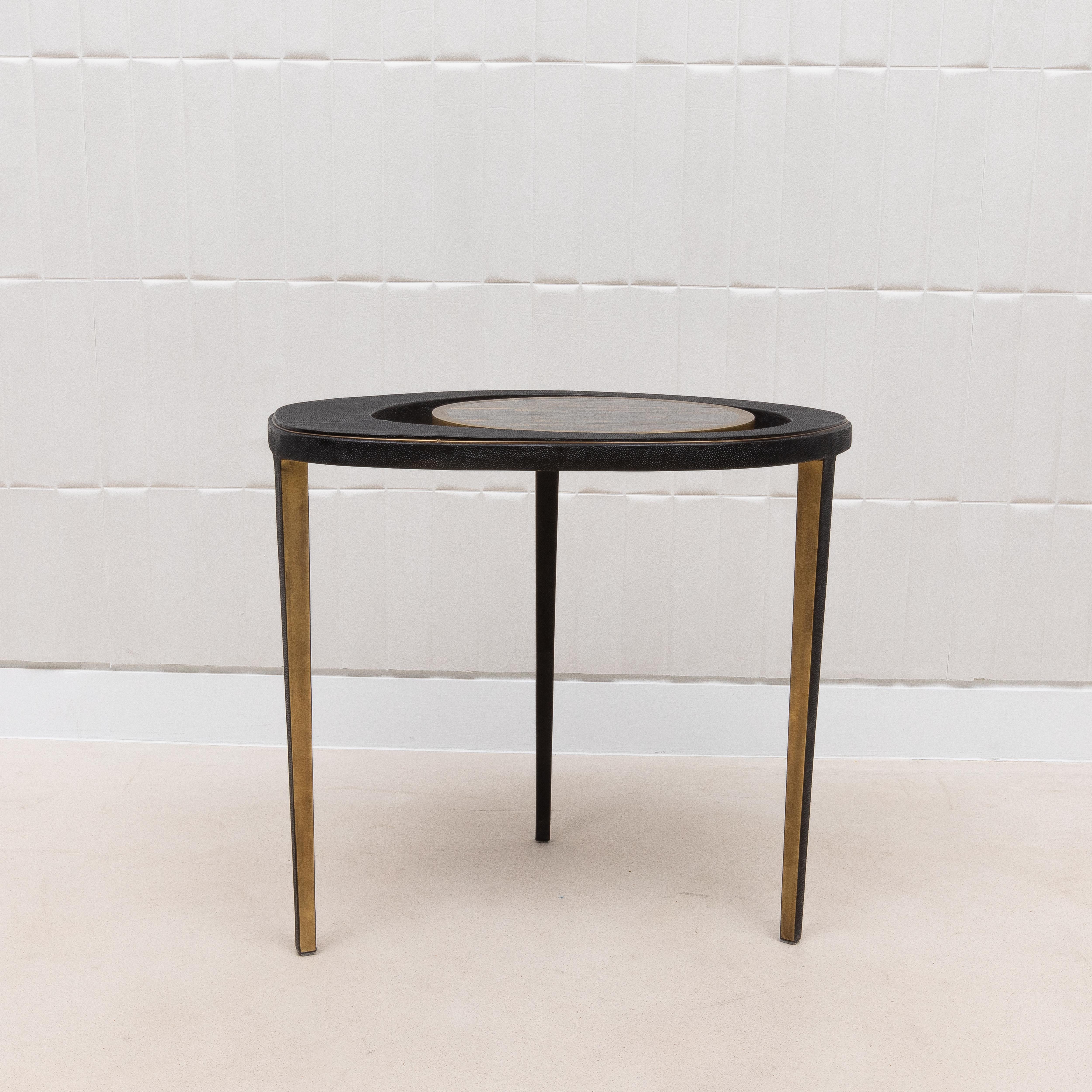 Side Table in Black Shagreen and Tiger Eye with Patina Brass by R&Y Augousti 1