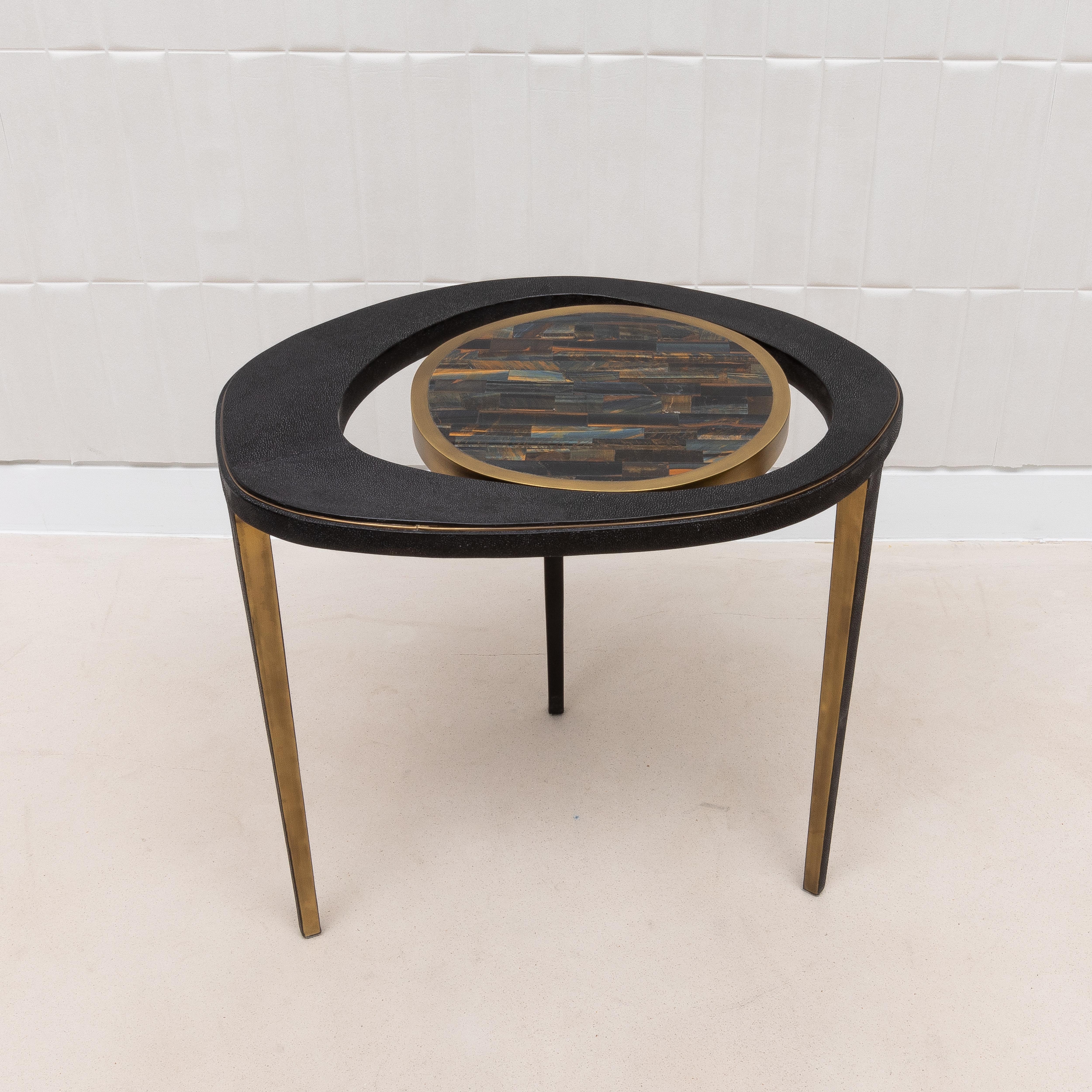 Side Table in Black Shagreen and Tiger Eye with Patina Brass by R&Y Augousti 2